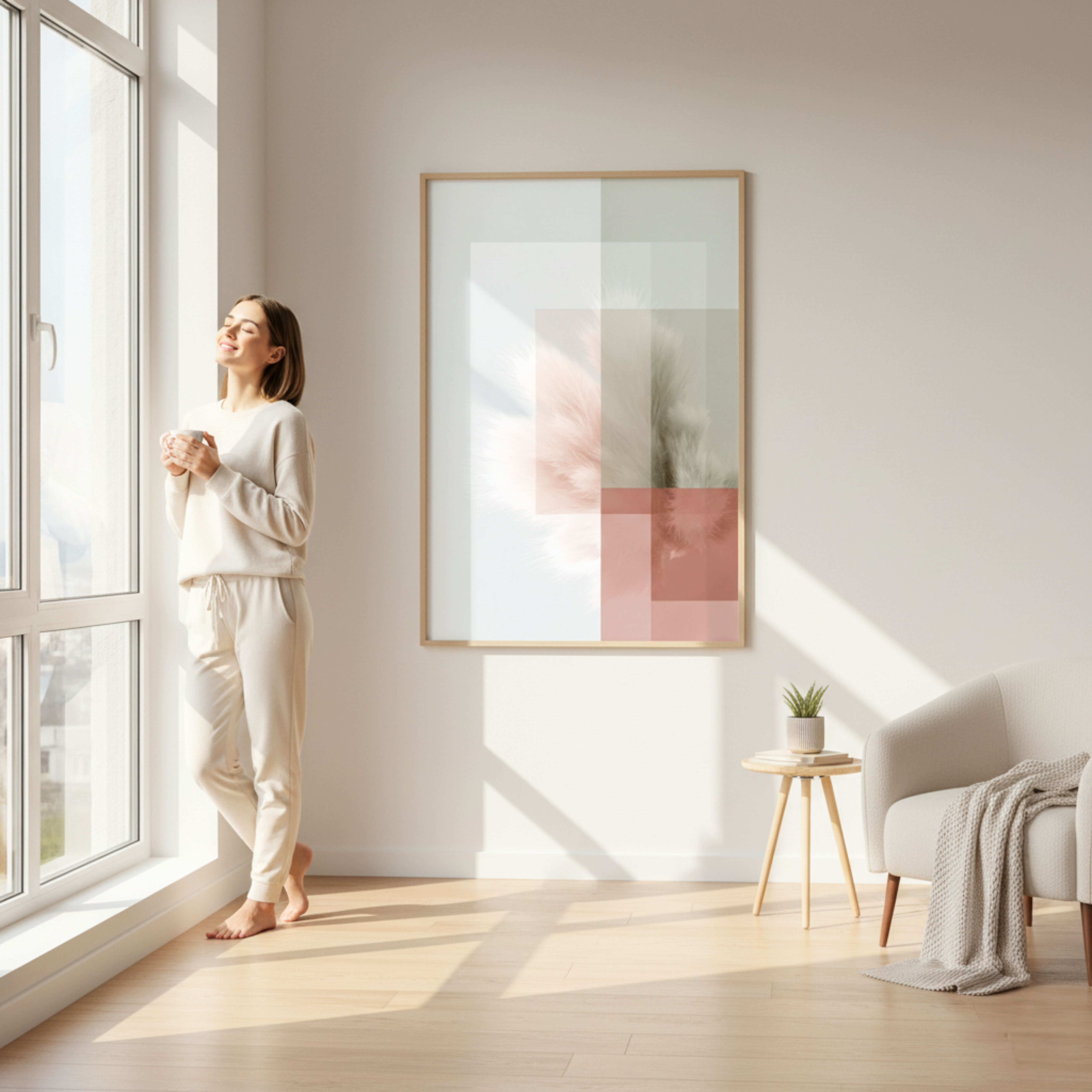 Pluma Suave en Tonos Rosa y Beige – Póster Abstracto Minimalista