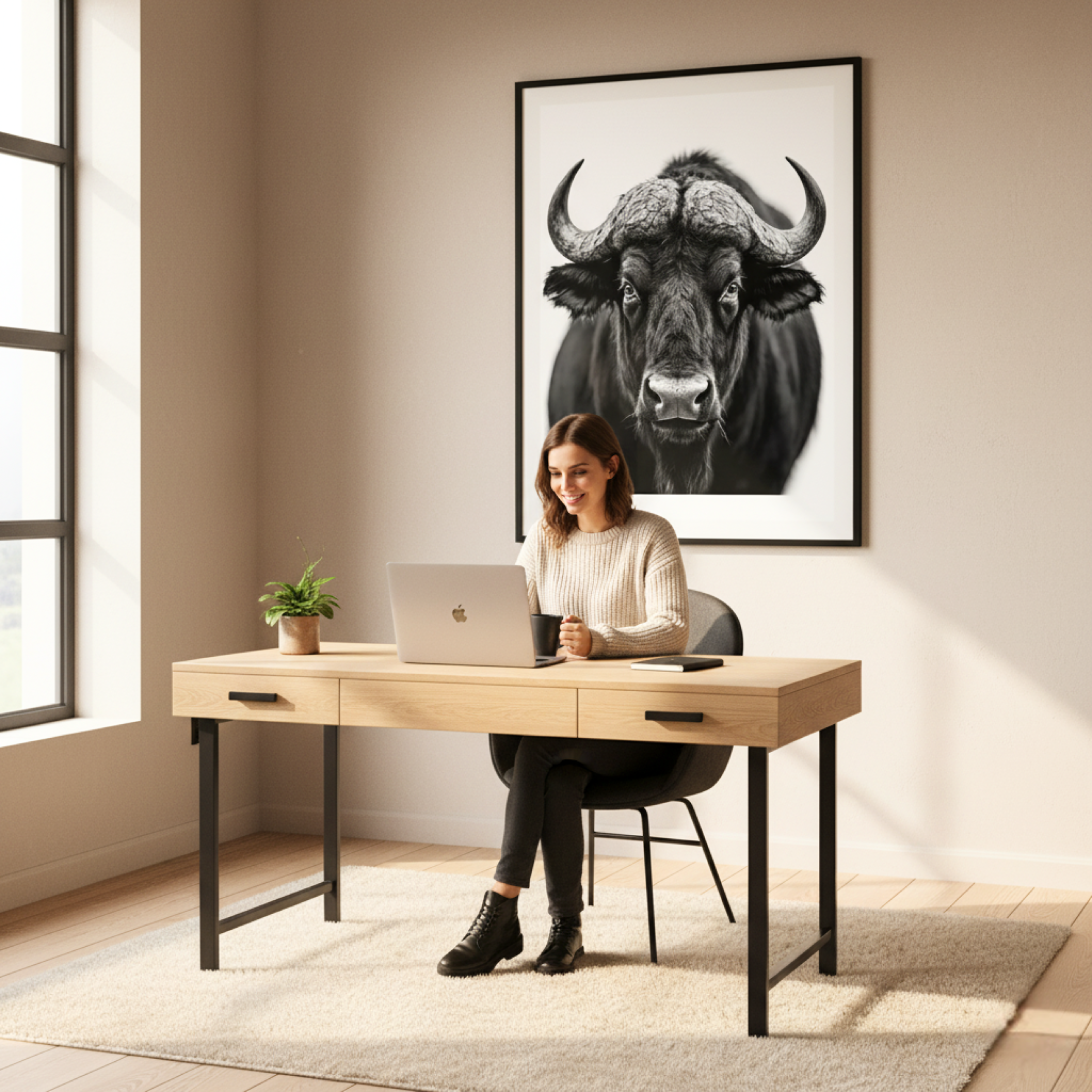 Búfalo Imponente – Cuadro Animal Blanco y Negro con Fuerza Salvaje