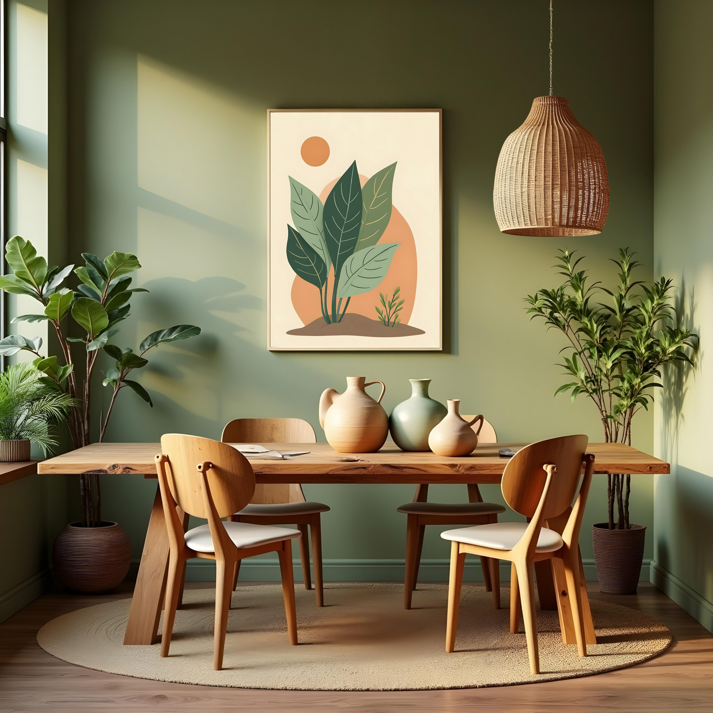 Dibujo de Hoja Tropical con Círculos Terracota – Decoración Boho