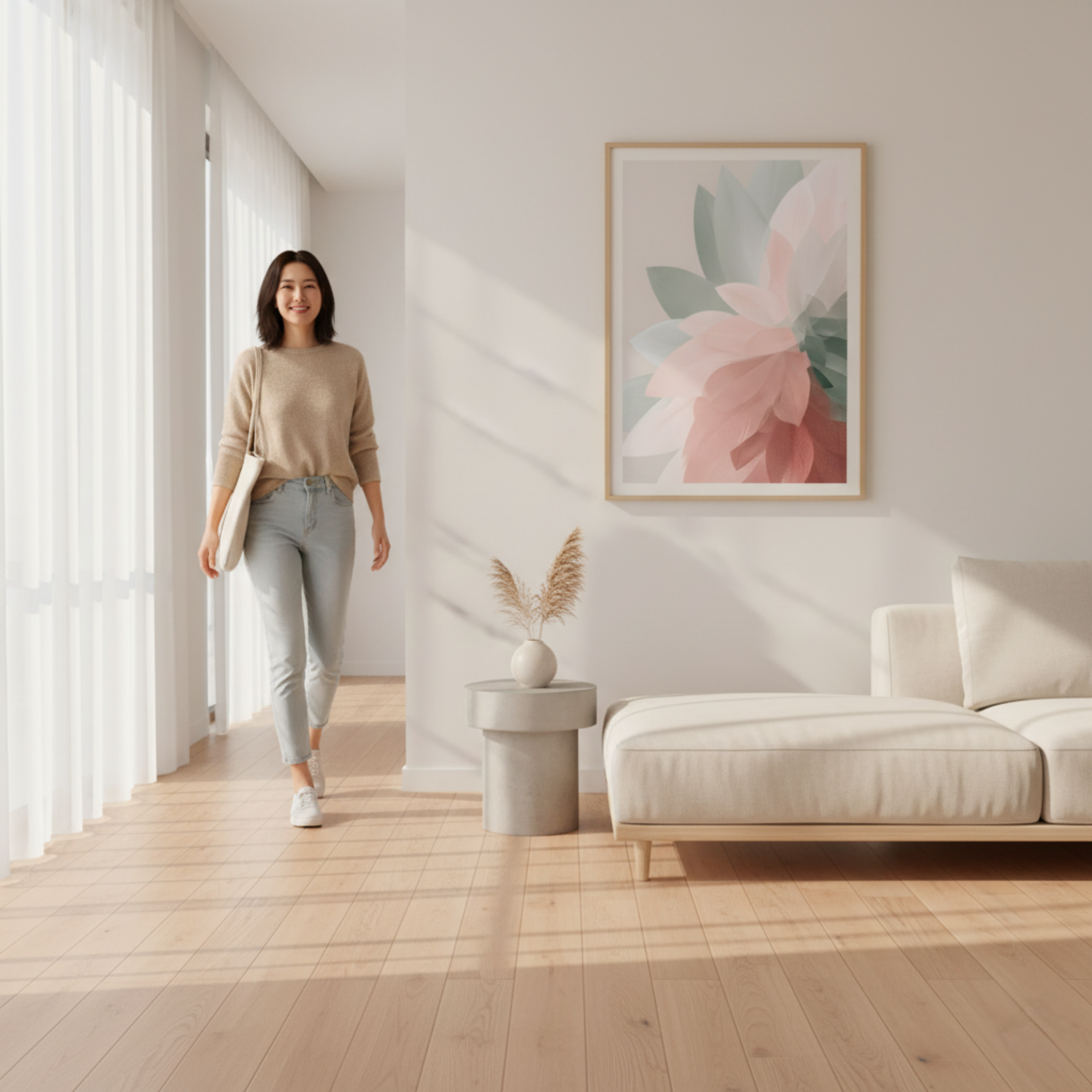 Flor Abstracta en Tonos Rosa y Verde – Póster Decorativo Minimalista