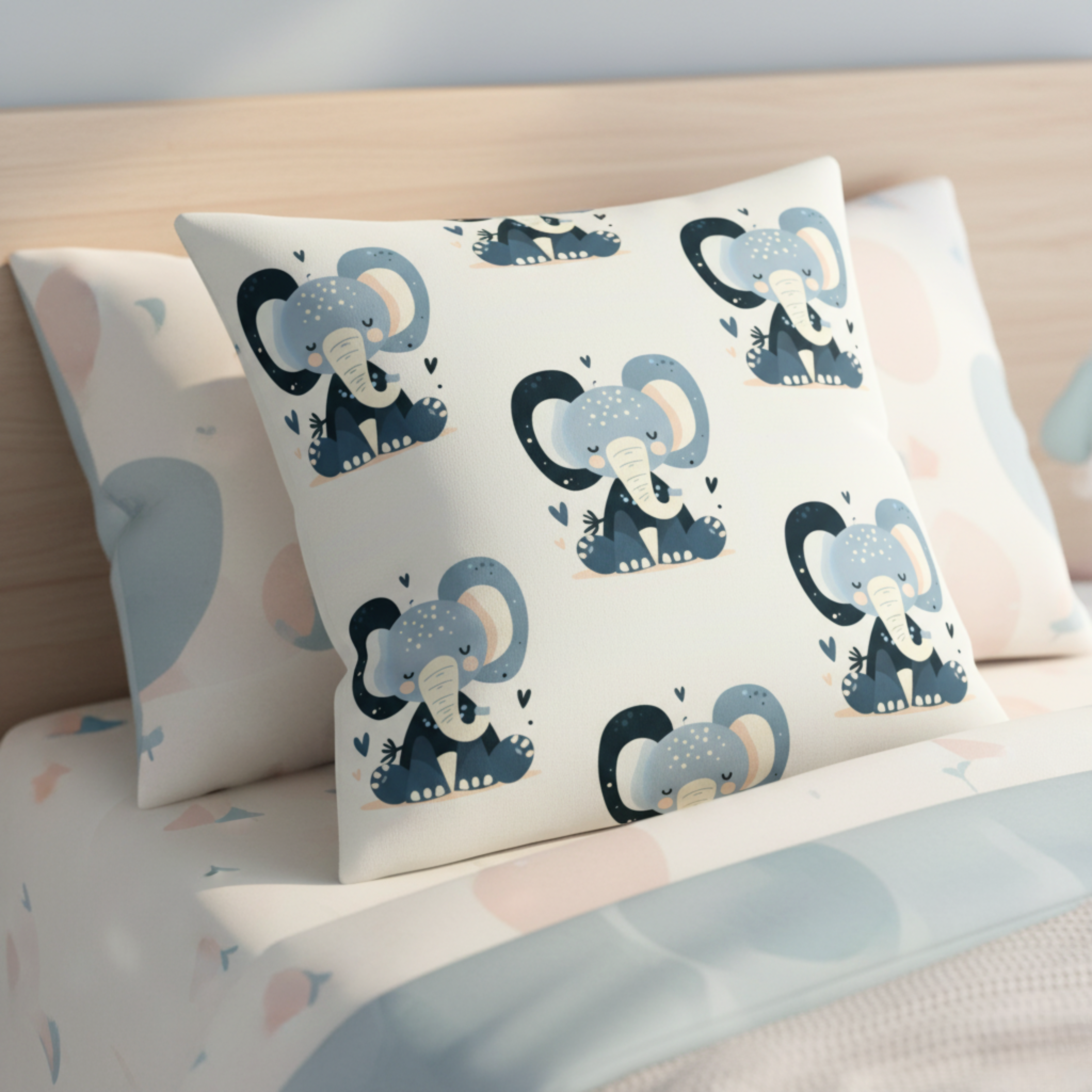 Cojín Estampado Elefante Bebé Minimalista en Tonos Azul Grisáceo – Decoración Infantil Moderna con Toques de Suavidad