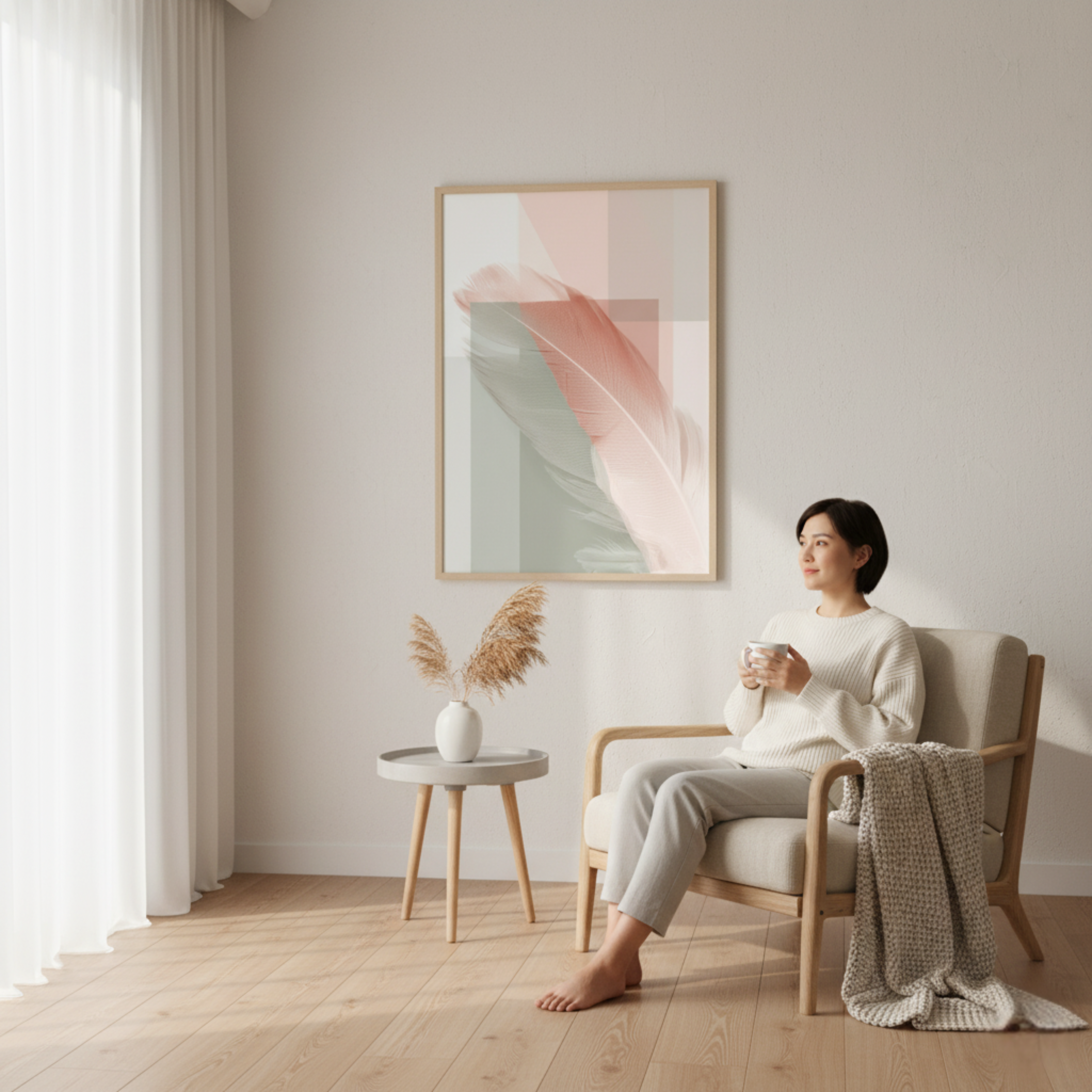 Pluma Rosa sobre Fondo Geométrico – Póster Minimalista en Tonos Suaves