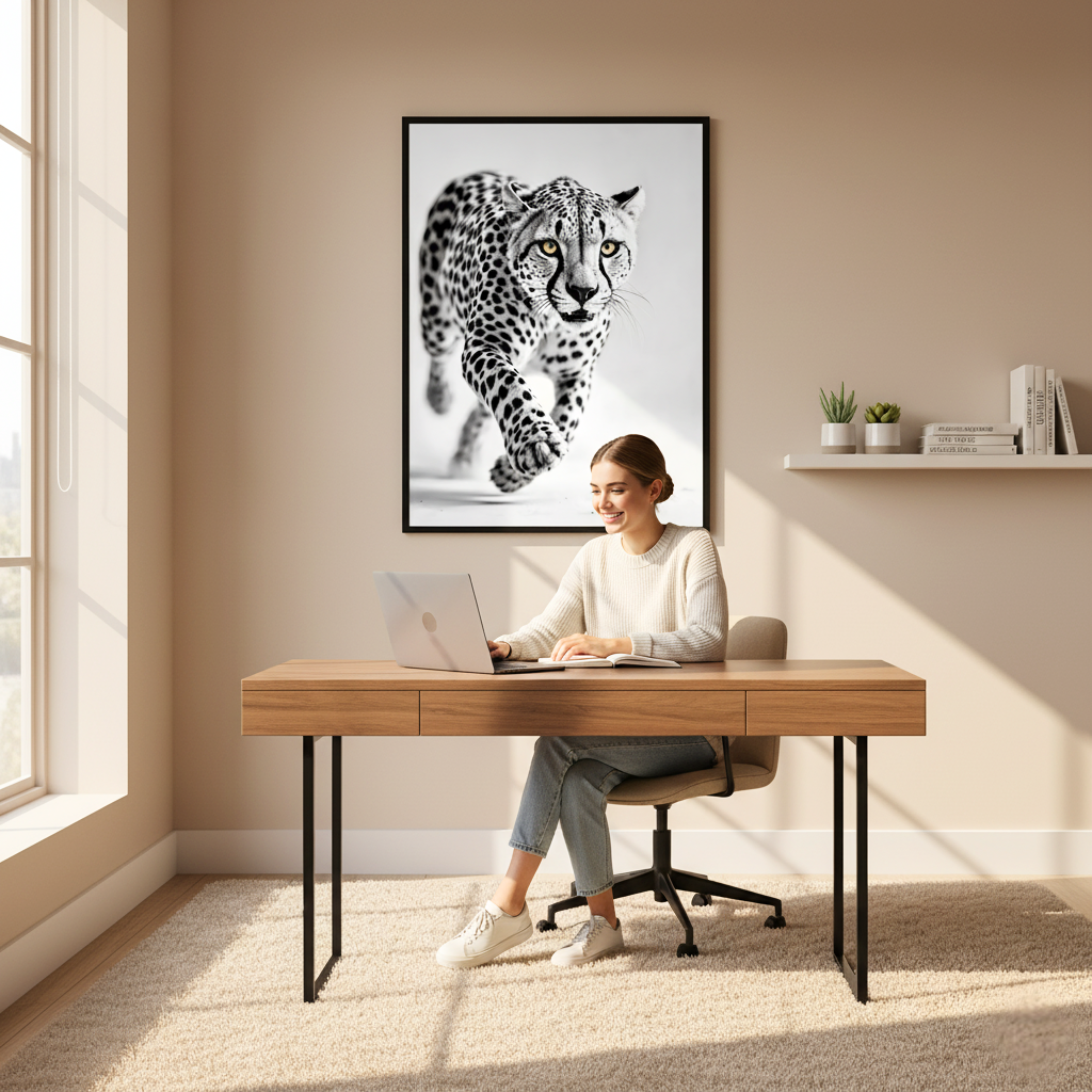 Guepardo en Acción – Cuadro Animal Blanco y Negro para Ambientes Dinámicos