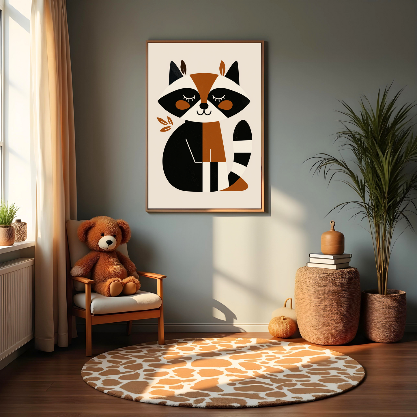 Mapache Sentado en Estilo Minimalista – Cuadro Infantil con Animales del Bosque