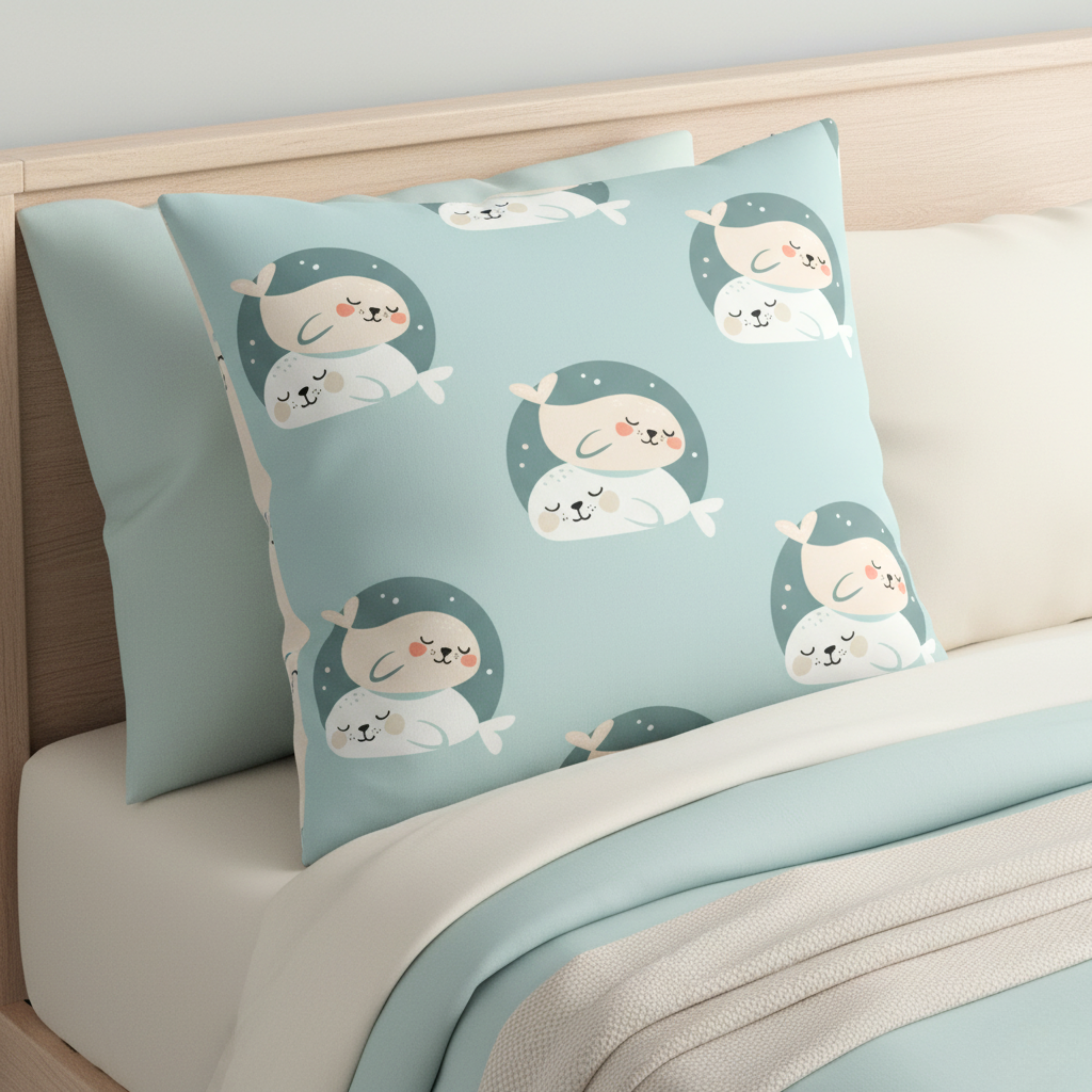 Cojín Estampado Mamíferos Marinos Abrazados en Estilo Minimalista – Decoración Infantil Marina con Toques de Ternura