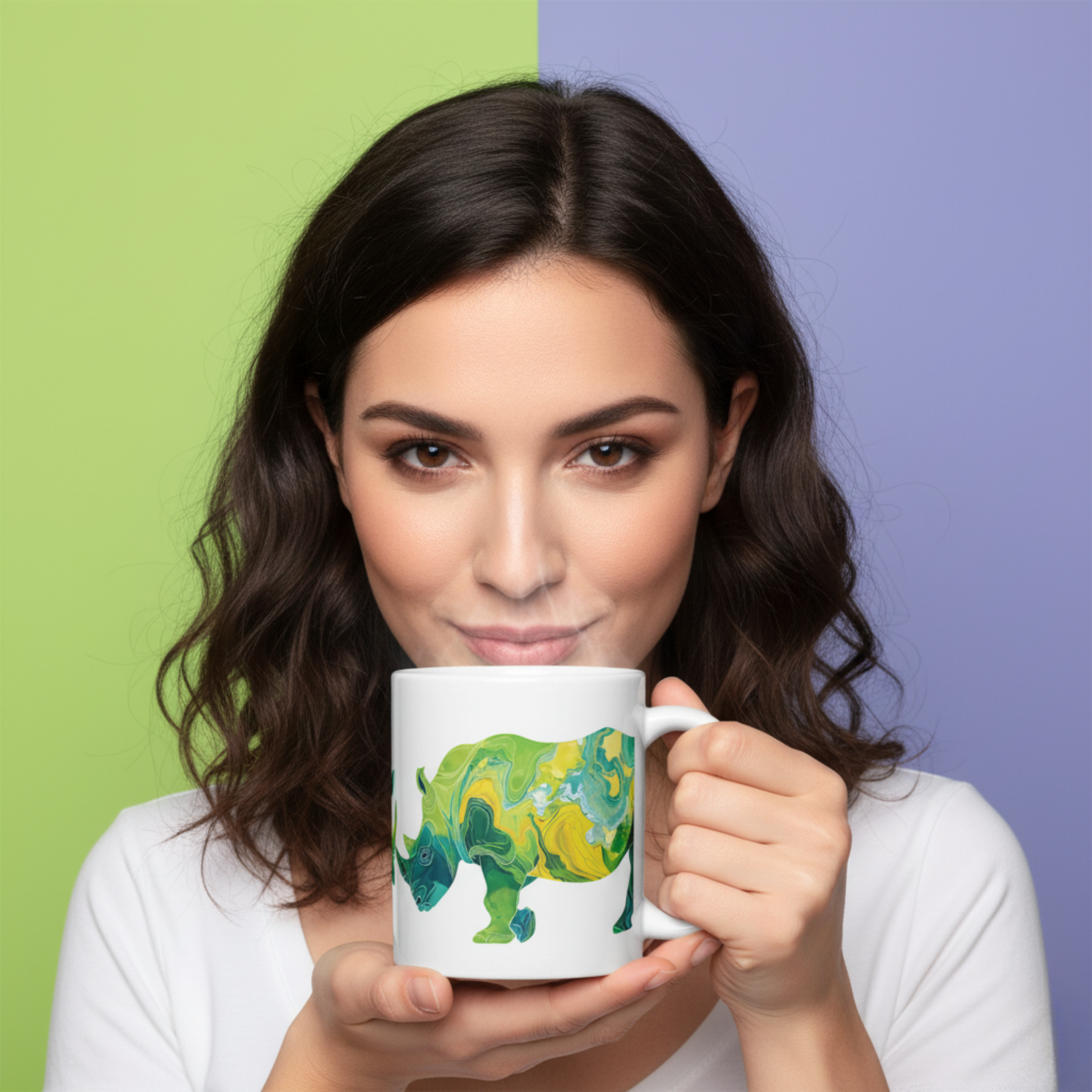 Grupo de Rinocerontes en Estilo Artístico Topográfico – Tonos Verdes y Amarillos