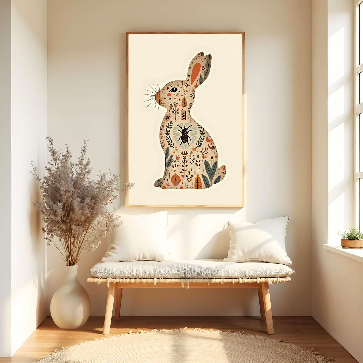 Conejo con Motivos Botánicos – Cuadro Infantil Boho para Decoración Dulce