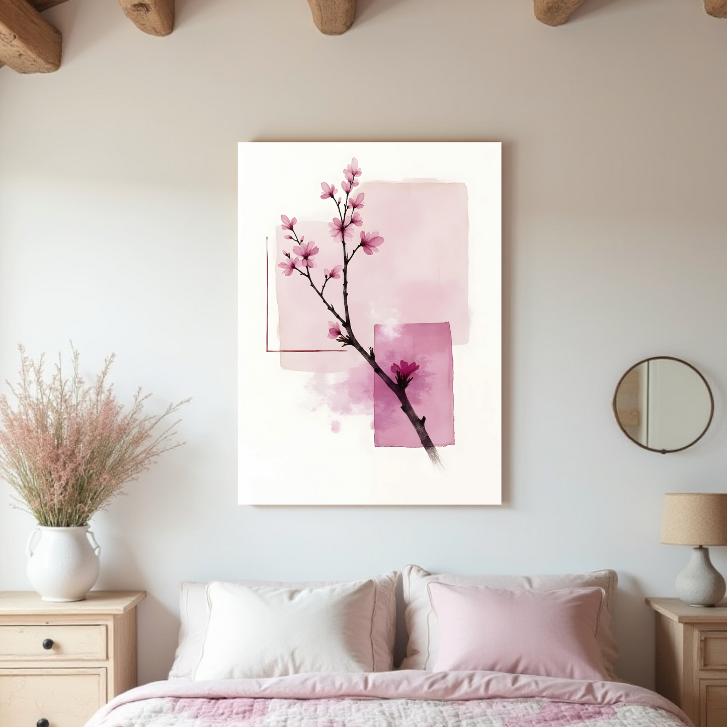 Flor de Cerezo – Detalle Botánico con Tinta y Geometría Rosa