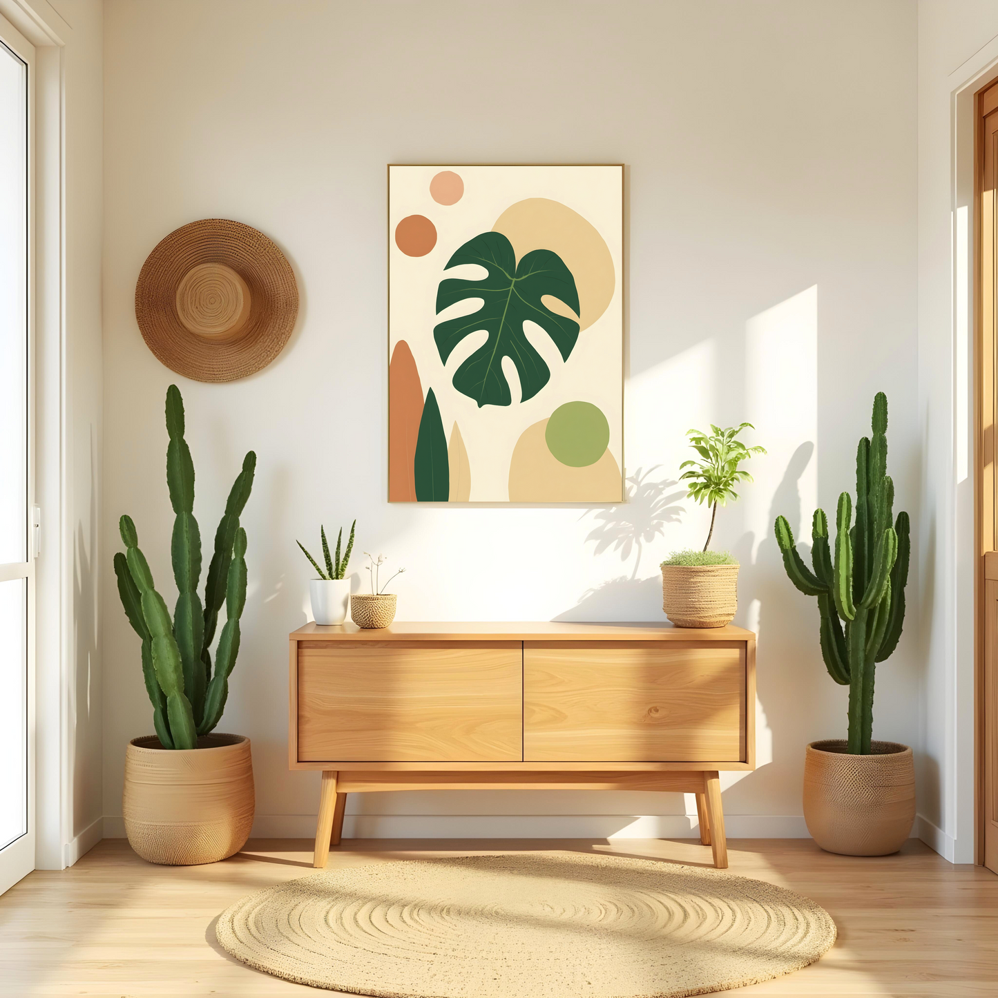 Hoja Monstera Estilizada con Formas Cálidas – Cuadro Tropical Elegante