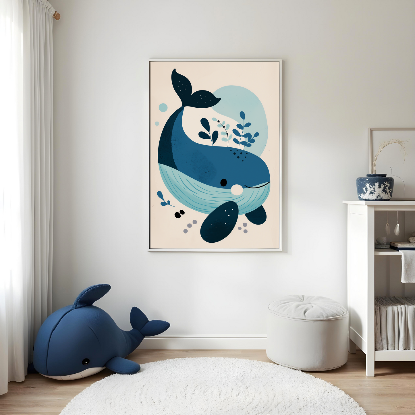 Ballena Minimalista en Fondo Azul Suave – Arte Infantil con Inspiración Marina