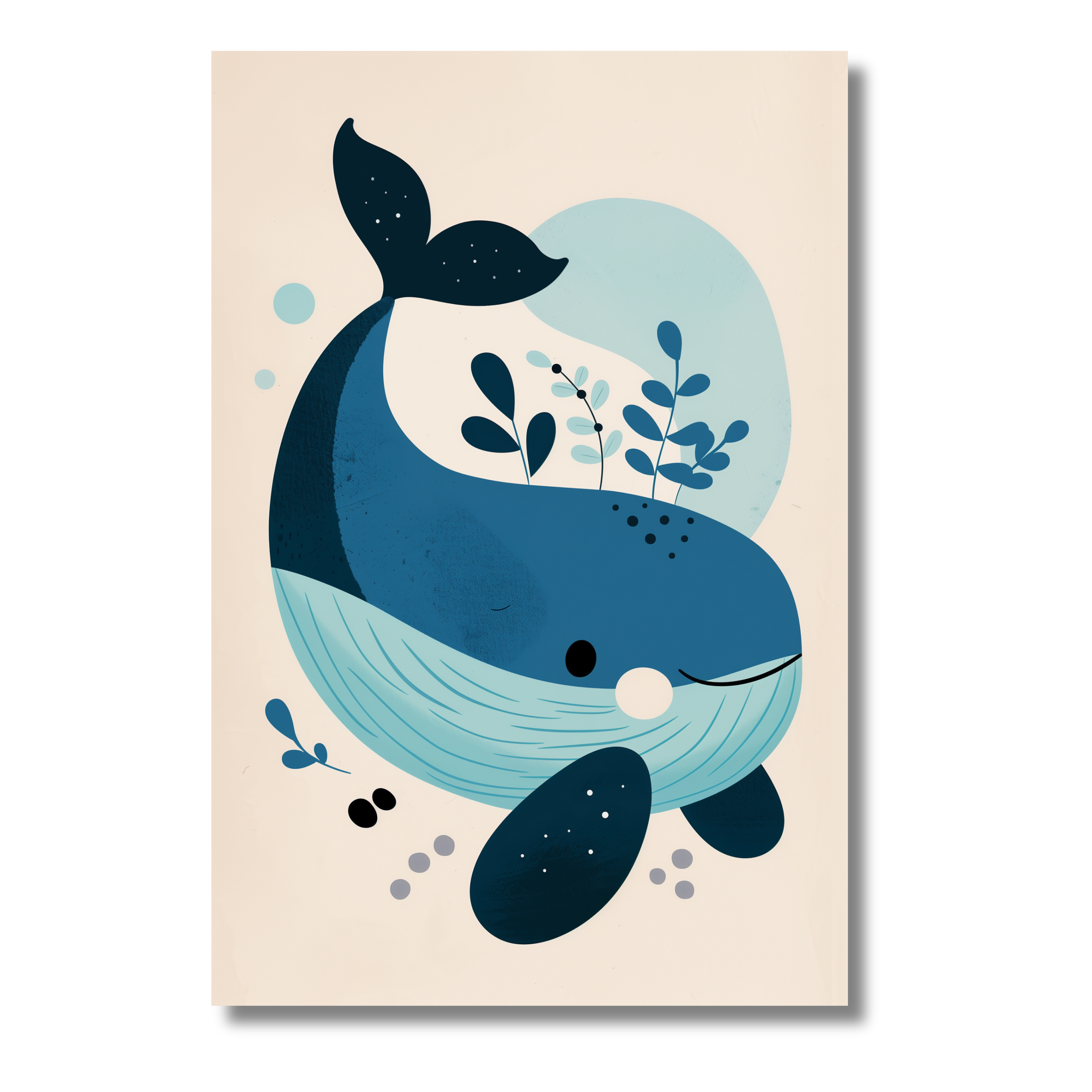 Ballena Minimalista en Fondo Azul Suave – Arte Infantil con Inspiración Marina
