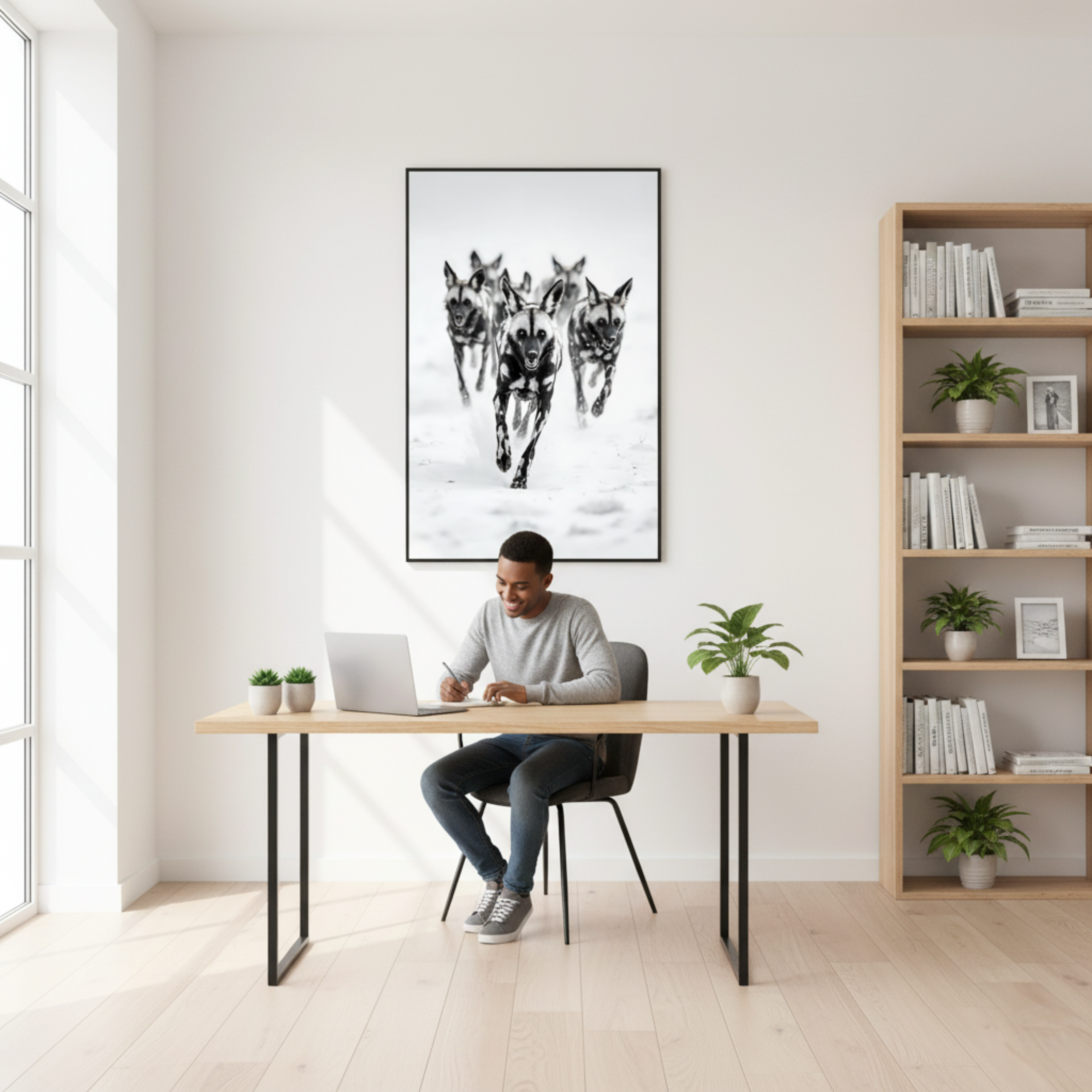 Perros Salvajes Africanos – Cuadro Animal Blanco y Negro con Energía Tribal