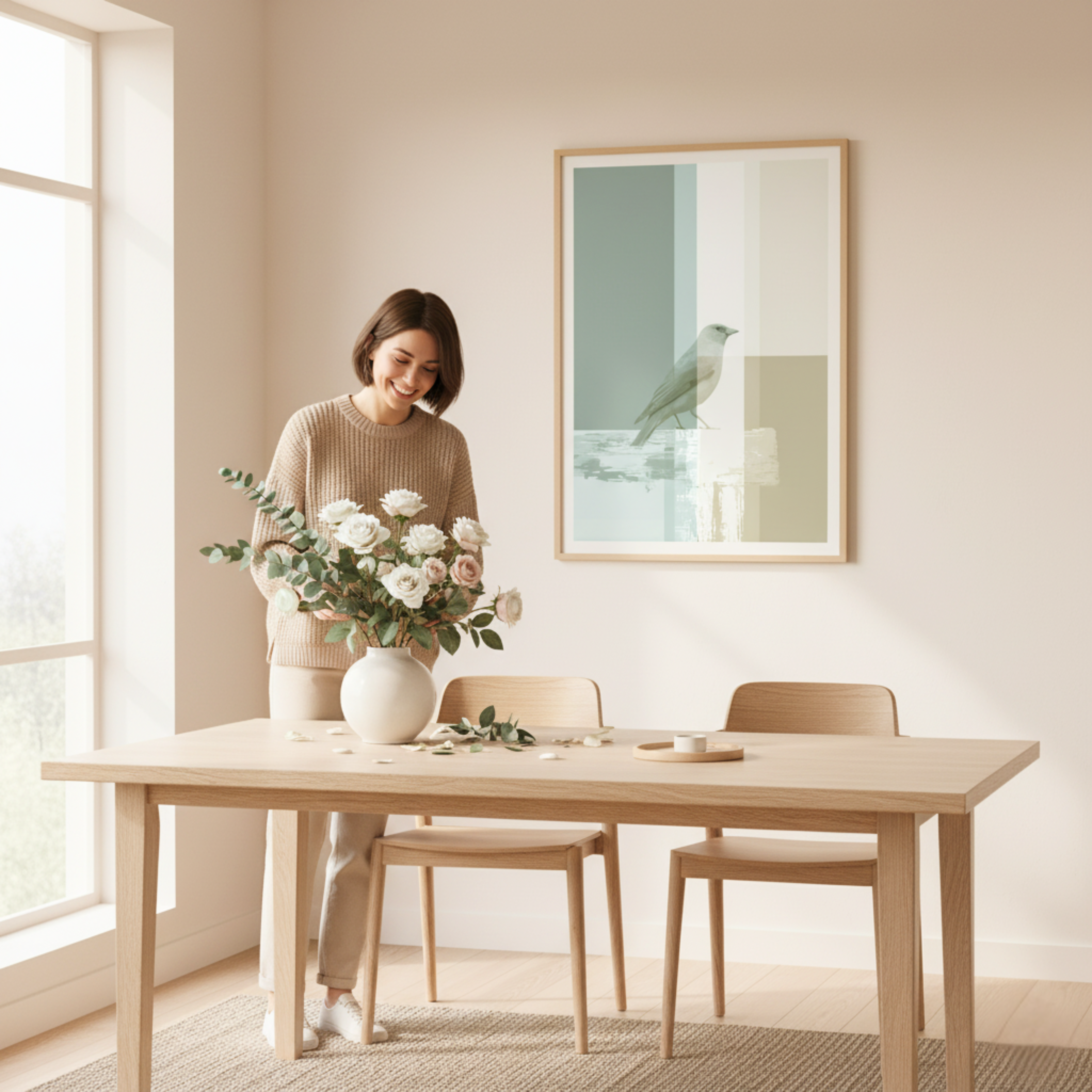 Ave Minimalista sobre Fondo Geométrico – Póster en Tonos Naturales y Suaves