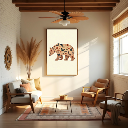 Oso del Bosque con Flores – Lámina Boho Natural para Espacios Cálidos