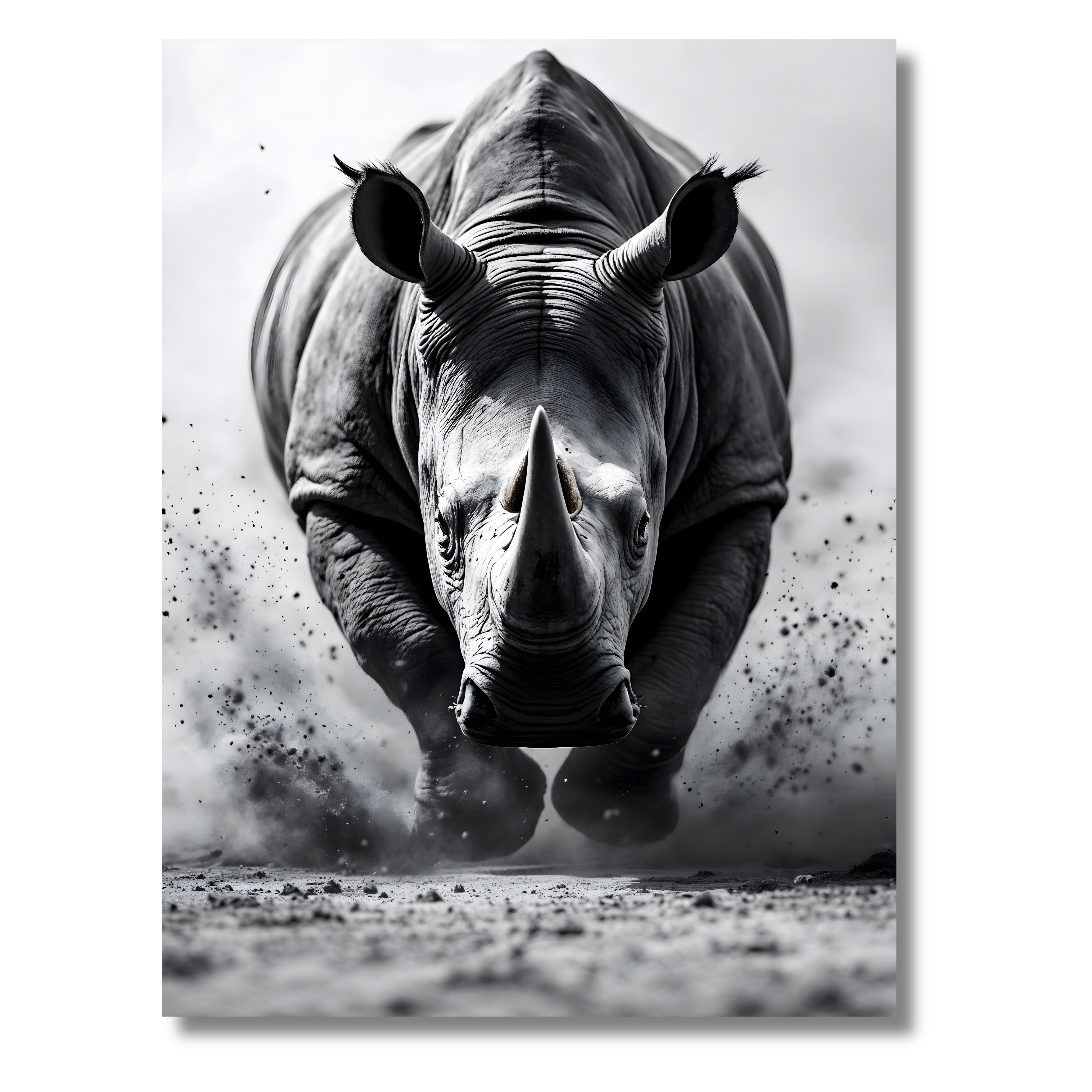 Rinoceronte en Carrera – Cuadro Animal Blanco y Negro para Decoración Tribal