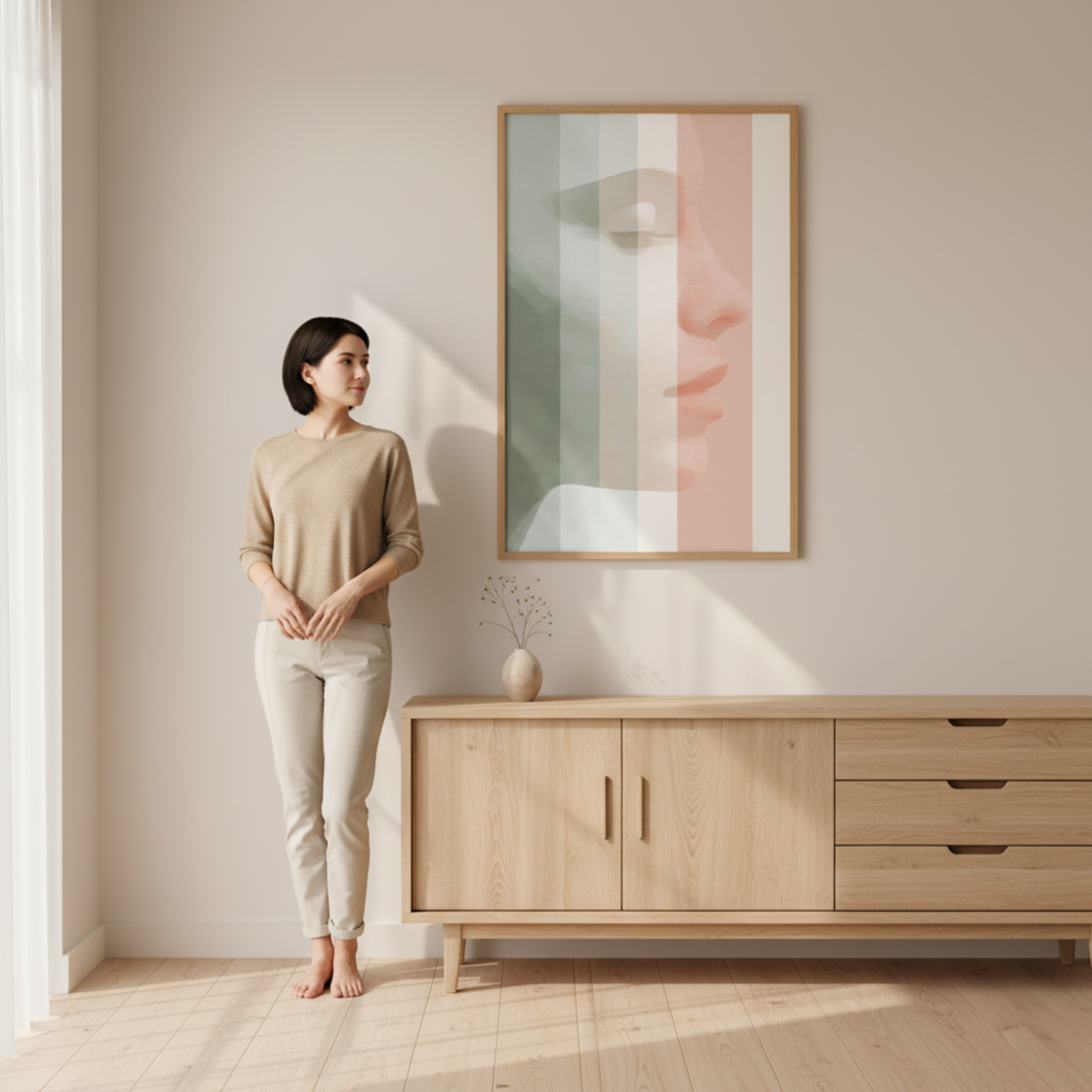 Rostro Femenino en Tonos Neutros – Póster Minimalista con Estilo Contemporáneo