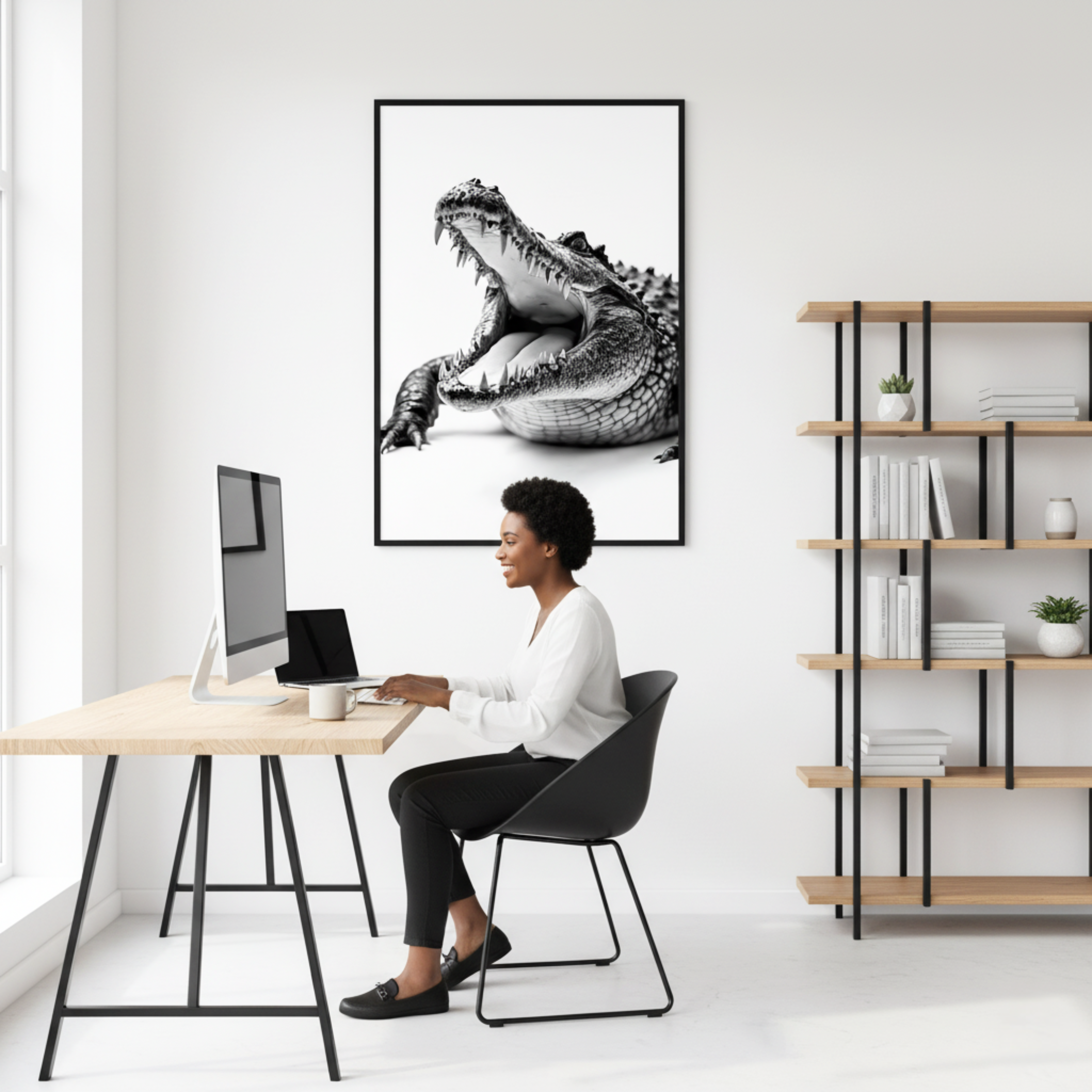 Cocodrilo Intenso – Cuadro Animal Blanco y Negro con Mirada Salvaje