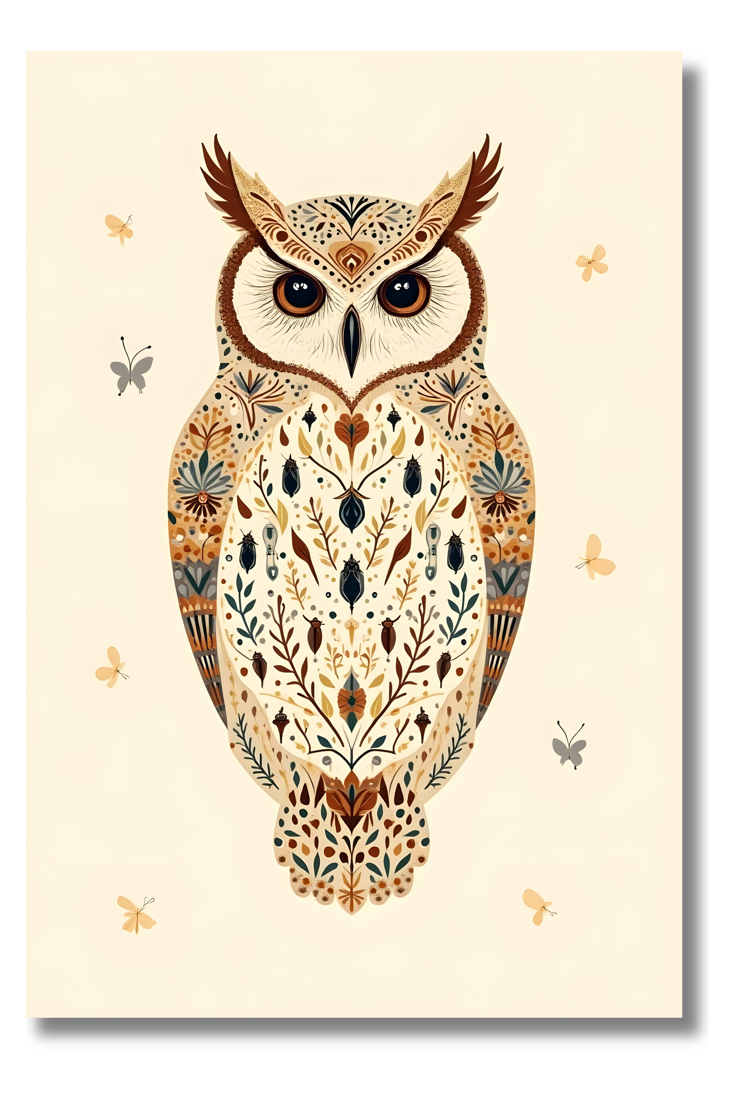 Búho con Plumaje Floral – Ilustración Bohemia Nocturna para Paredes con Estilo