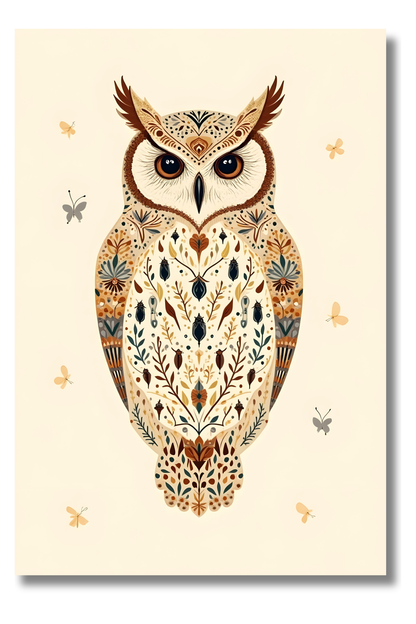 Búho con Plumaje Floral – Ilustración Bohemia Nocturna para Paredes con Estilo