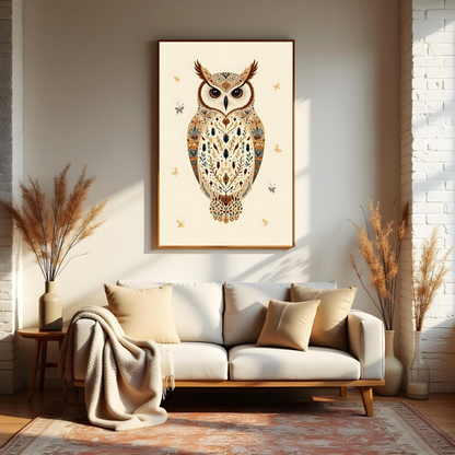 Búho con Plumaje Floral – Ilustración Bohemia Nocturna para Paredes con Estilo