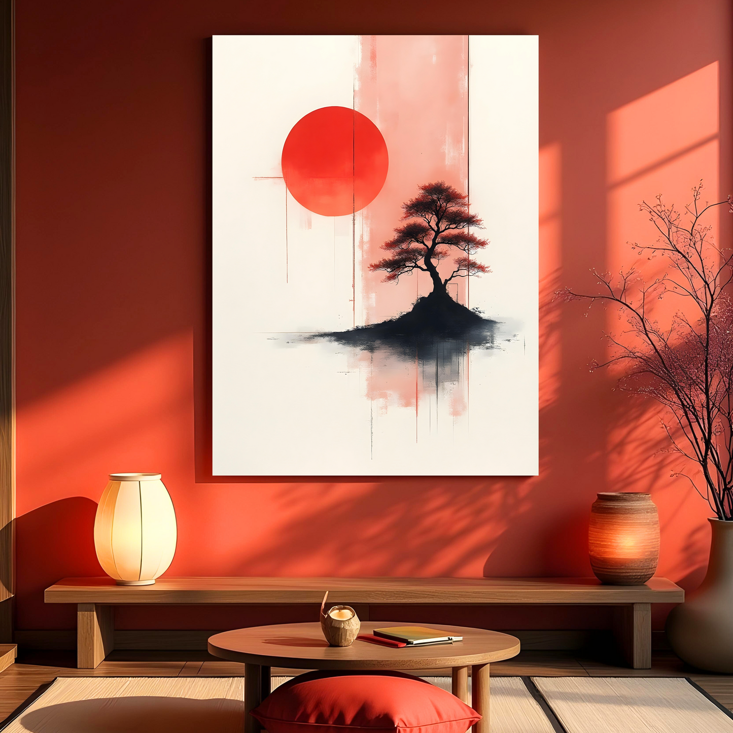 Paisaje con Sol Carmesí – Árbol Solitario en Tinta y Acuarela