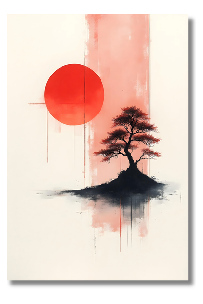 Paisaje con Sol Carmesí – Árbol Solitario en Tinta y Acuarela