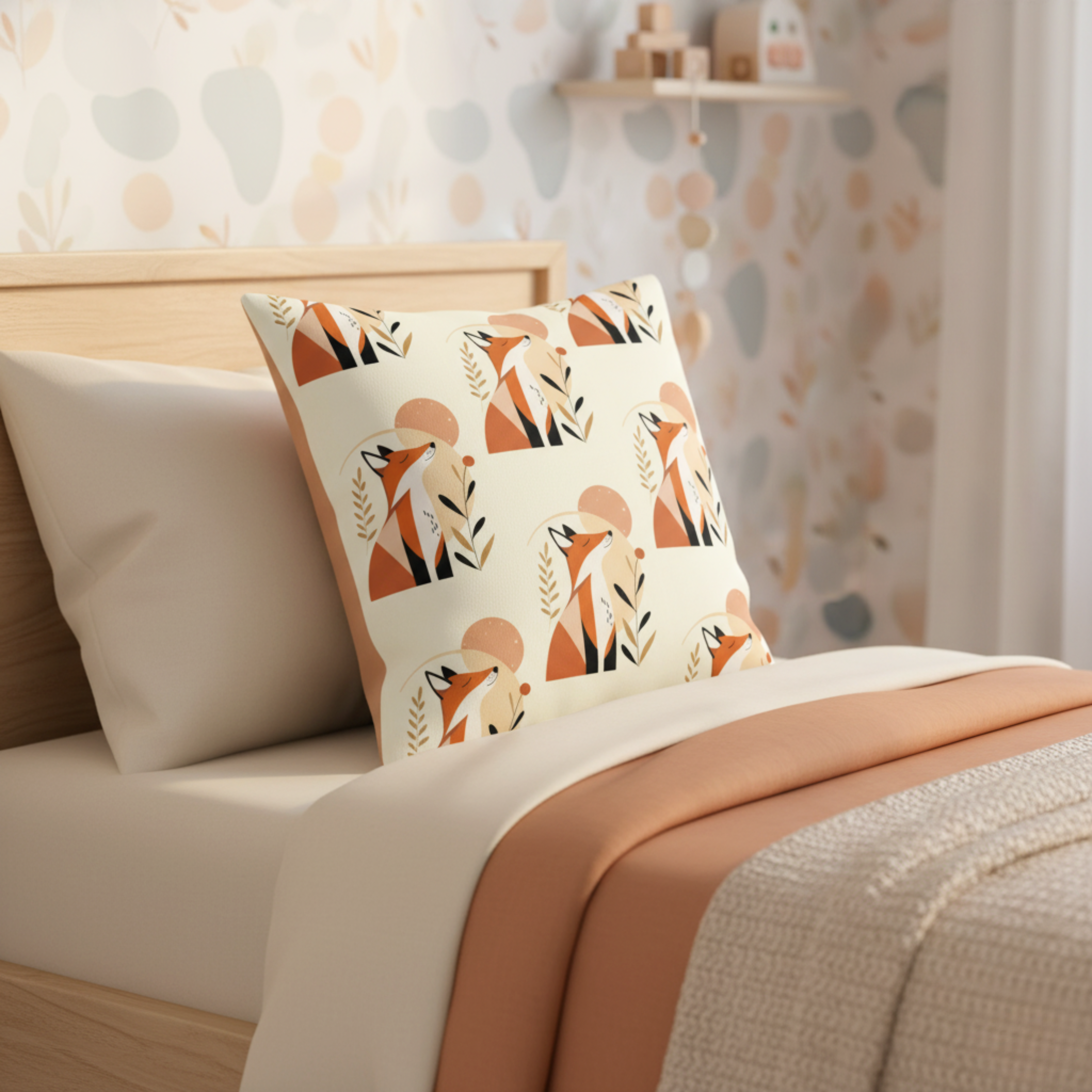 Cojín Estampado Zorro Minimalista en Composición Natural – Decoración Infantil Escandinava con Toques de Calidez