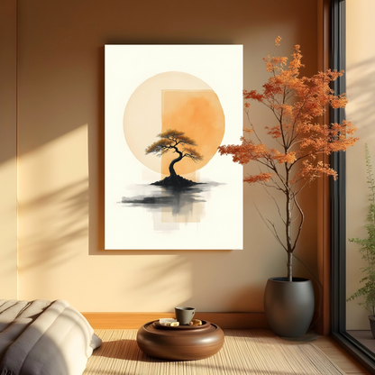 Bonsái al Atardecer – Árbol Zen con Fondo Geométrico
