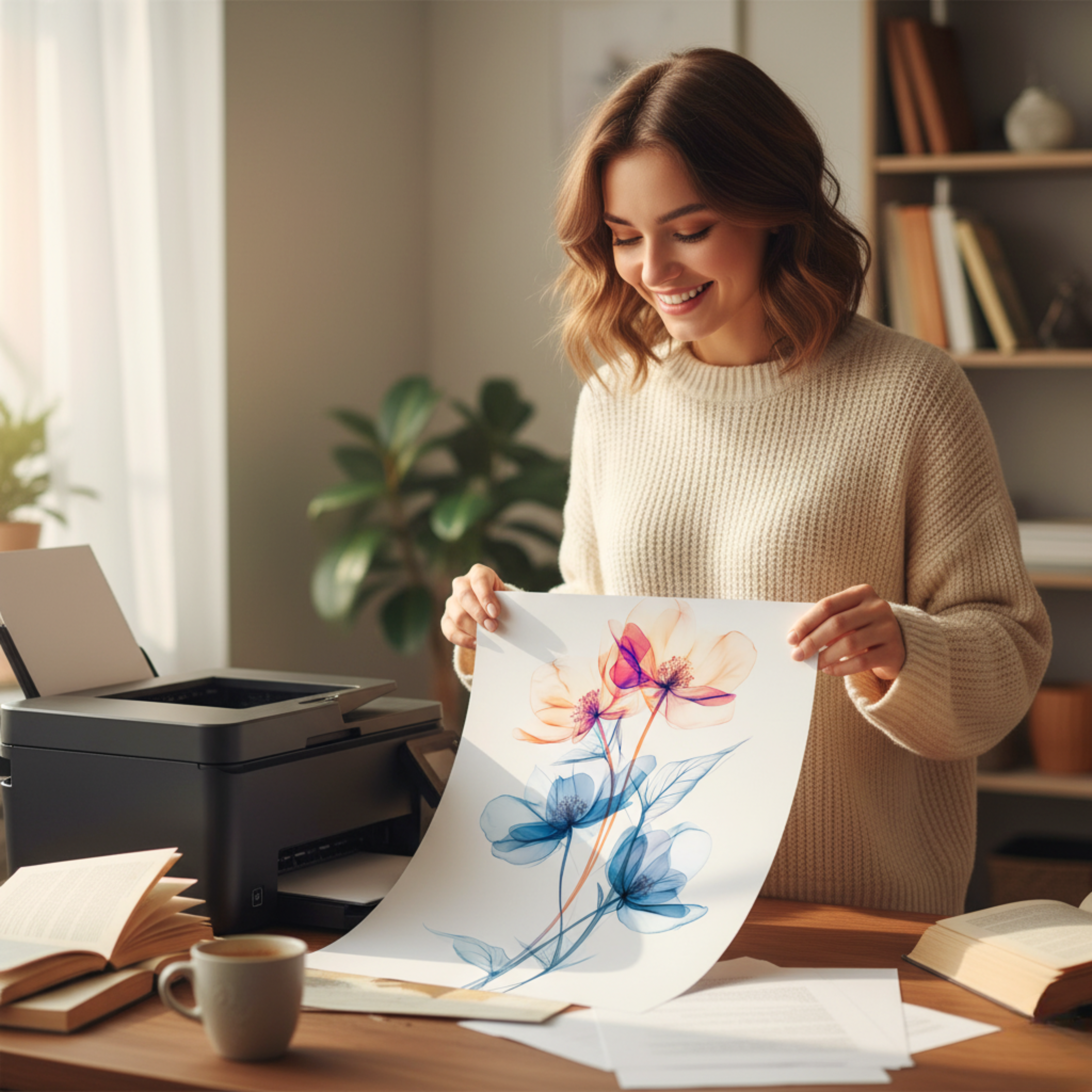 Póster de Flor Azul y Rosa Suave – Lámina Elegante Estilo Acuarela