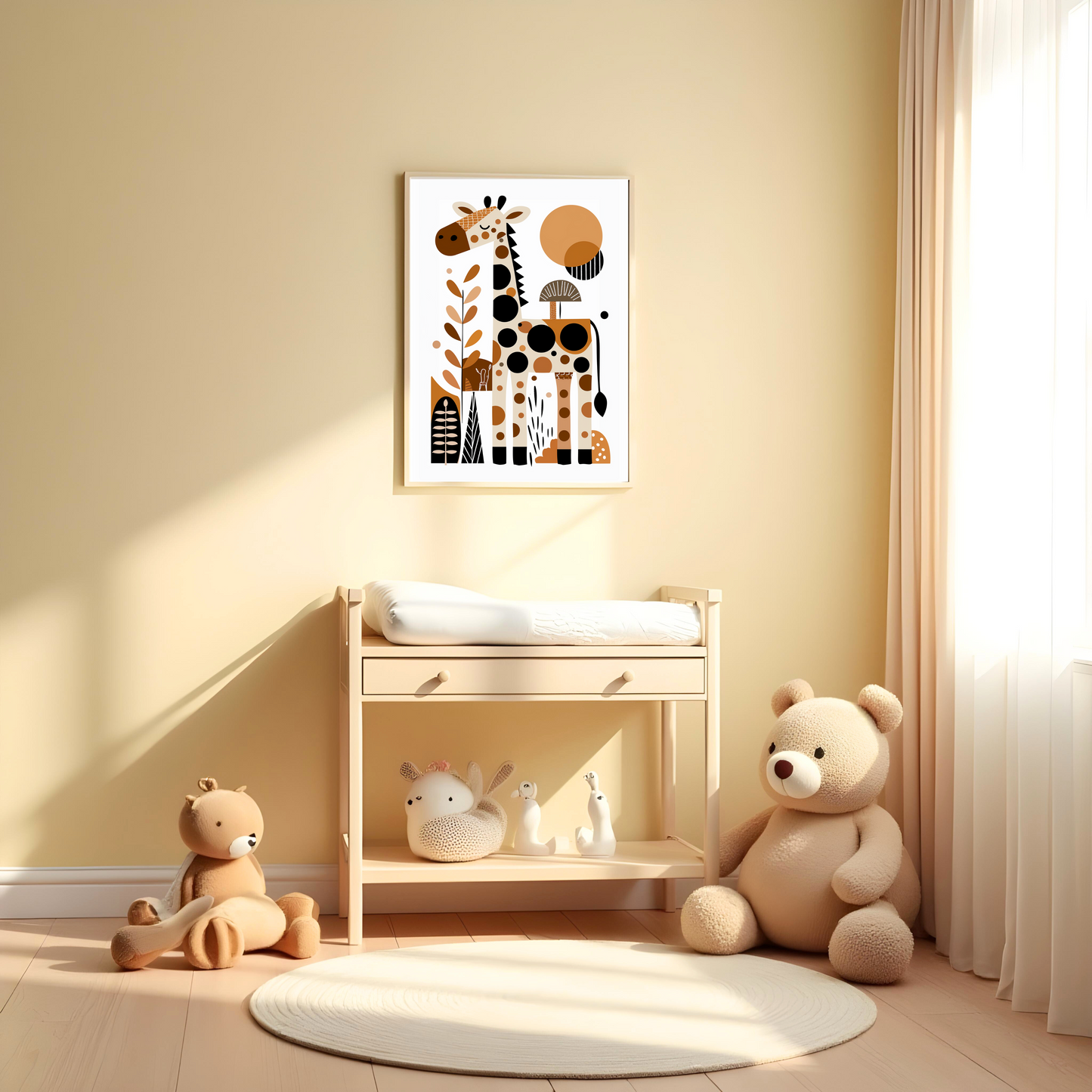 Jirafa Minimalista en Composición Geométrica – Cuadro Infantil con Animales Altos
