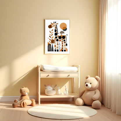 Jirafa Minimalista en Composición Geométrica – Cuadro Infantil con Animales Altos