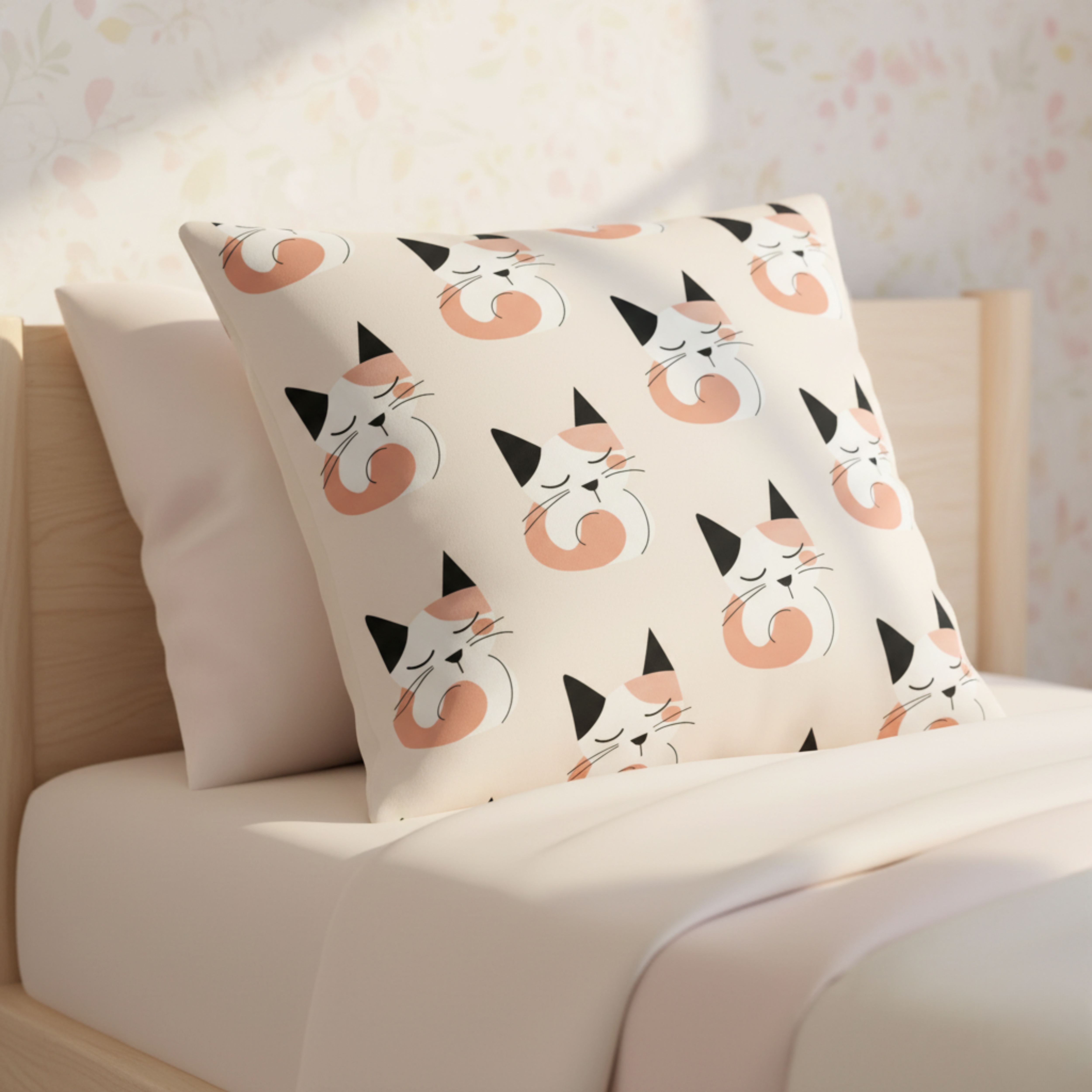 Cojín Estampado Gatito Enrollado en Estilo Minimalista – Decoración Infantil Acogedora con Toques de Dulzura