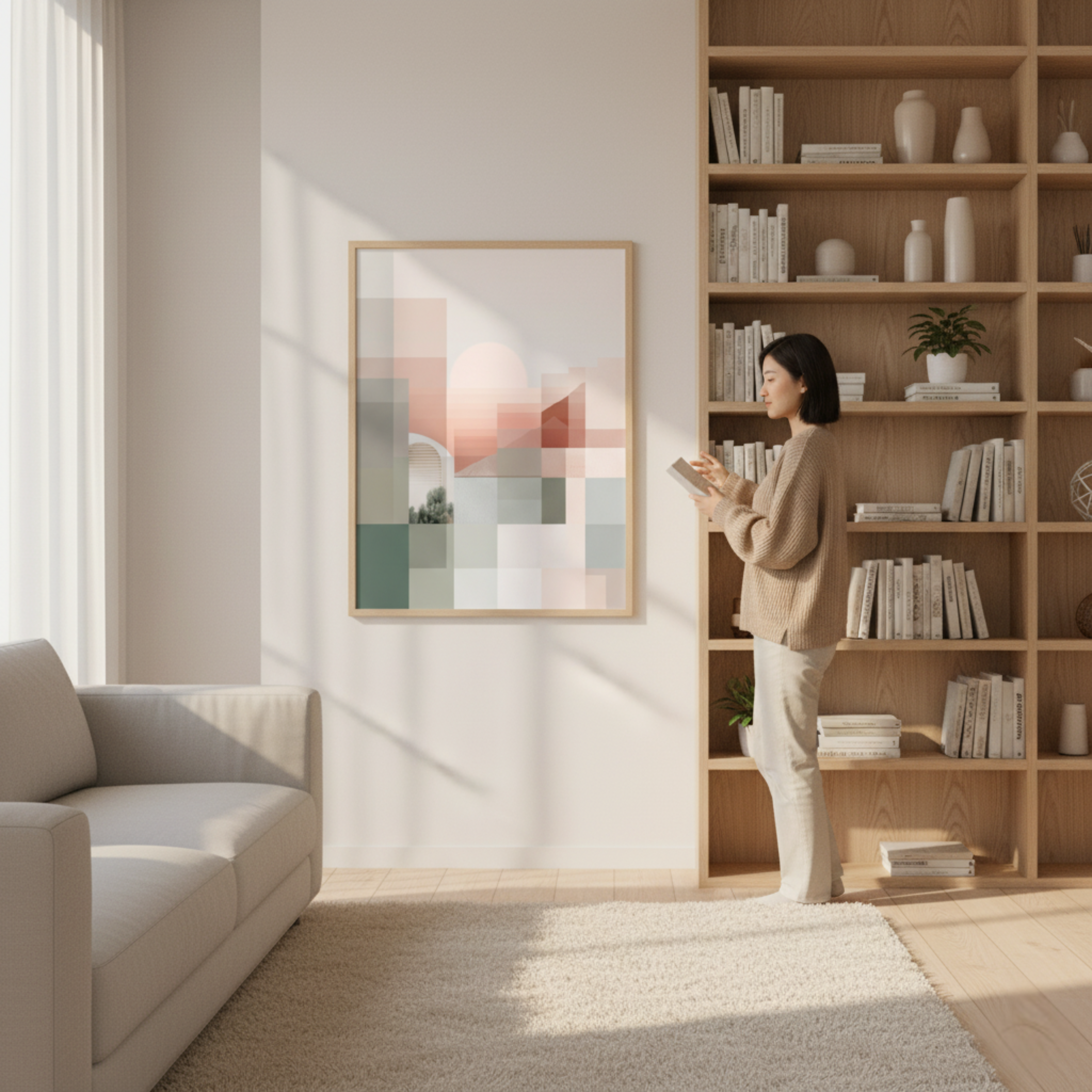 Sol y Paisaje Geométrico en Colores Suaves – Lámina de Estilo Minimalista