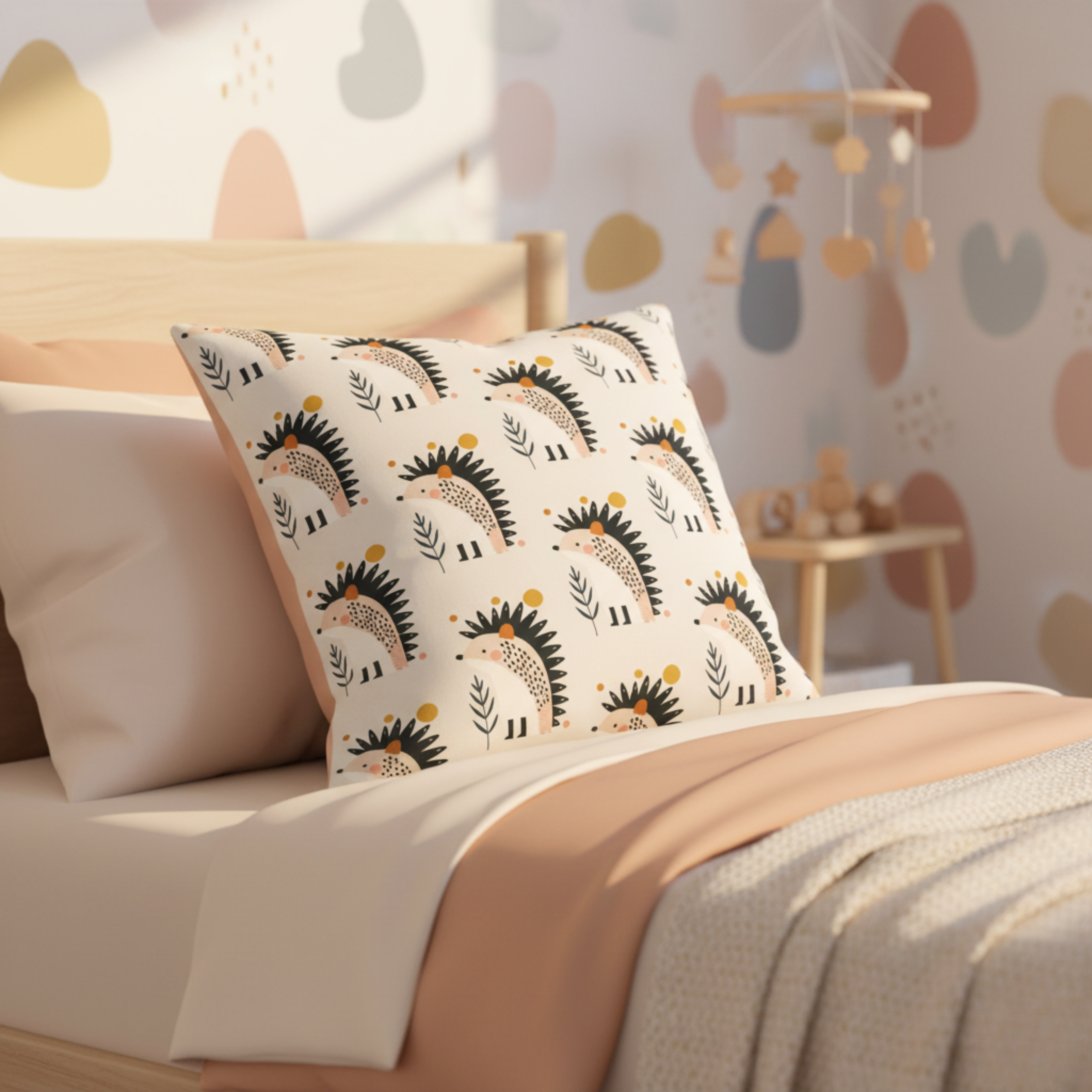 Cojín Estampado Erizo Minimalista entre Ramas – Decoración Infantil Natural con Toques de Encanto