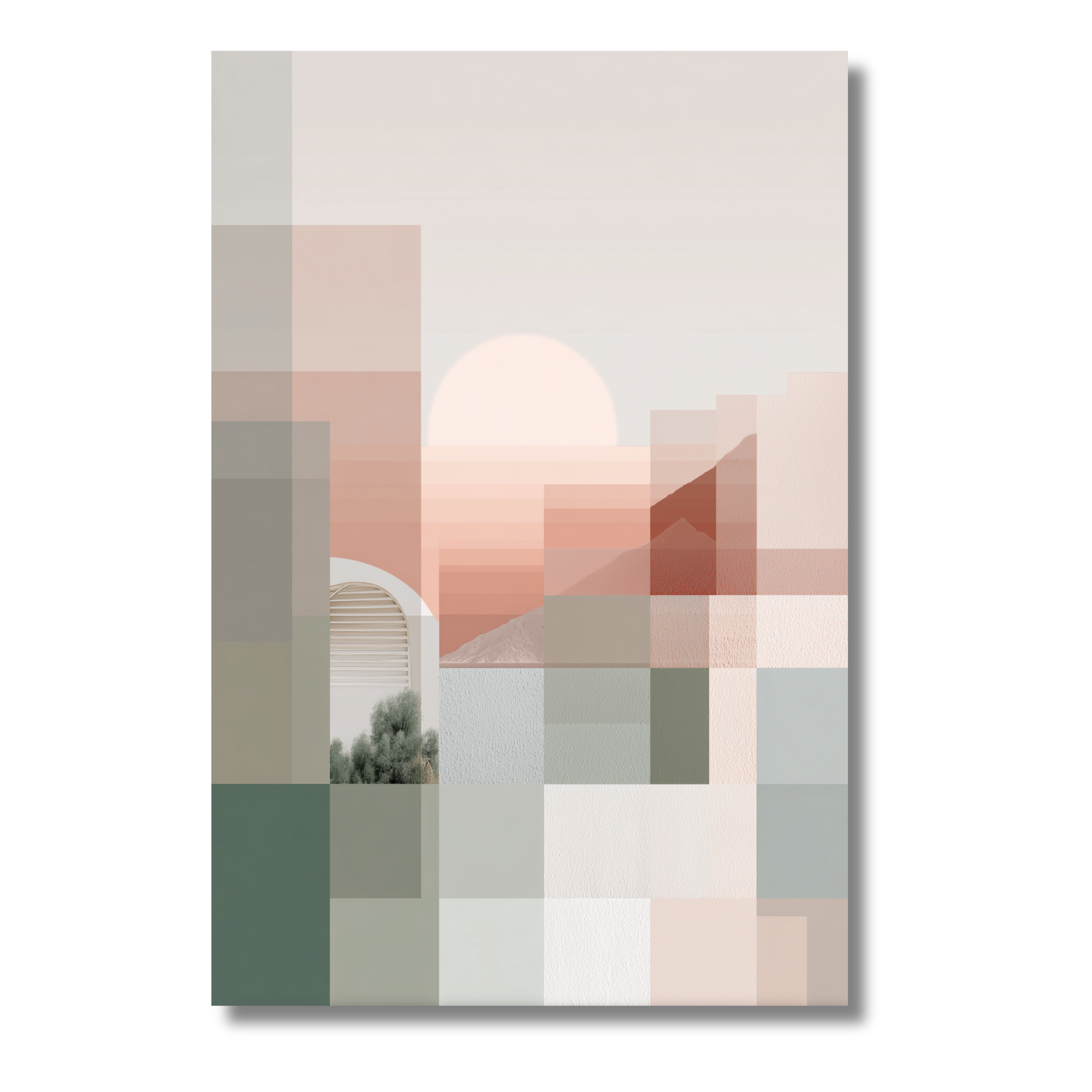 Sol y Paisaje Geométrico en Colores Suaves – Lámina de Estilo Minimalista