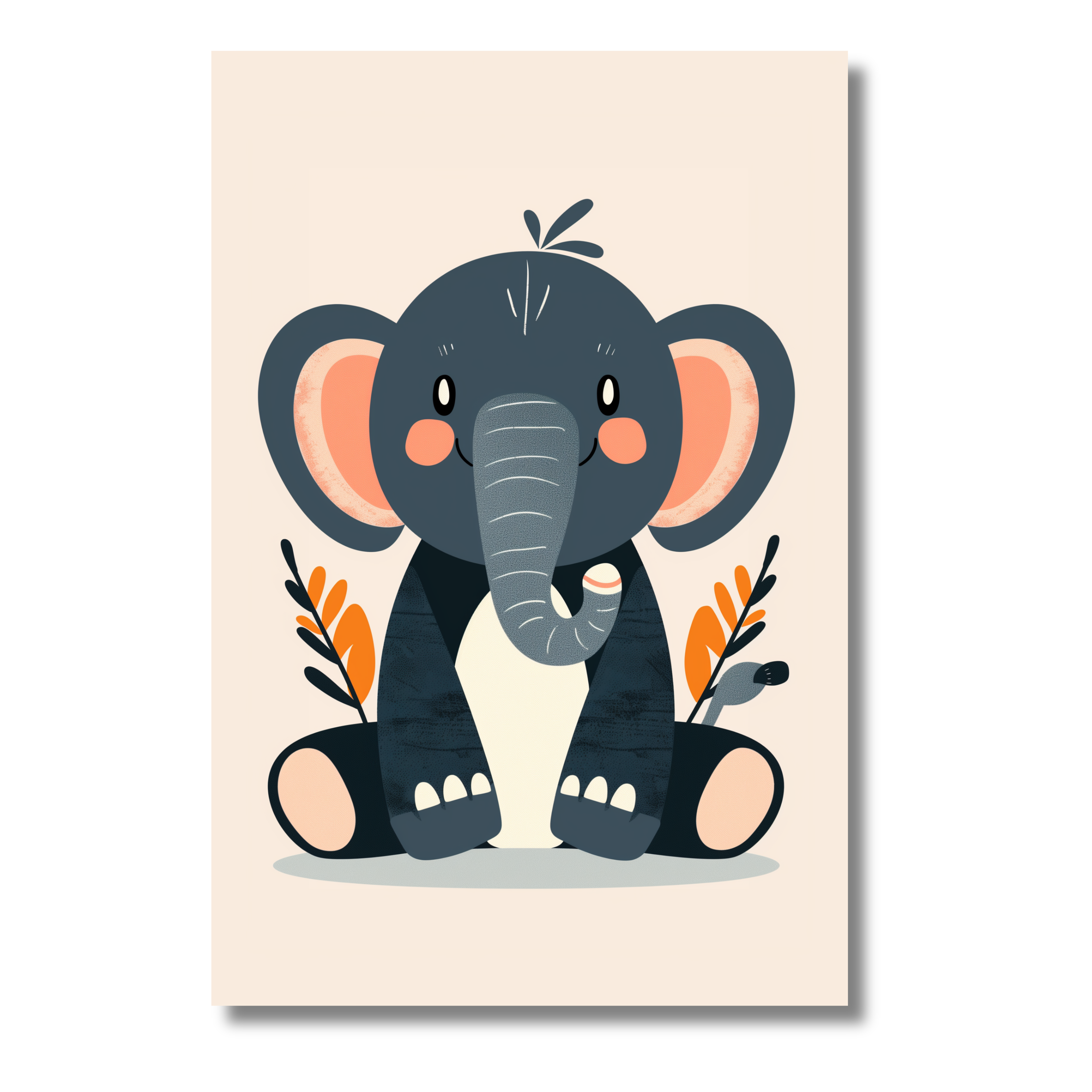 Elefante Azul Minimalista con Detalles Naranjas – Arte Infantil para Decoración Moderna