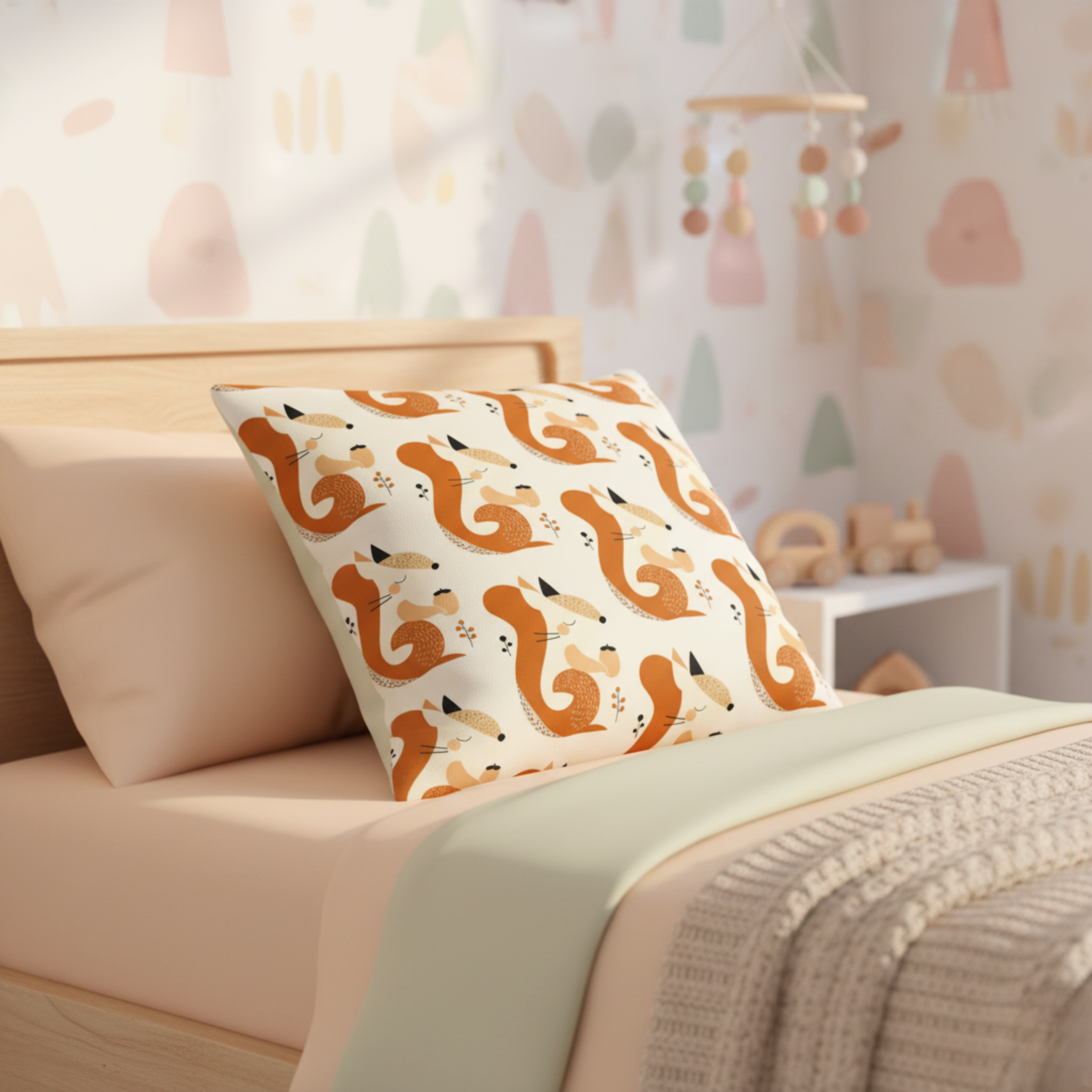 Cojín Estampado Ardilla Feliz con Nuez en Estilo Minimalista – Decoración Infantil Natural con Toques de Alegría