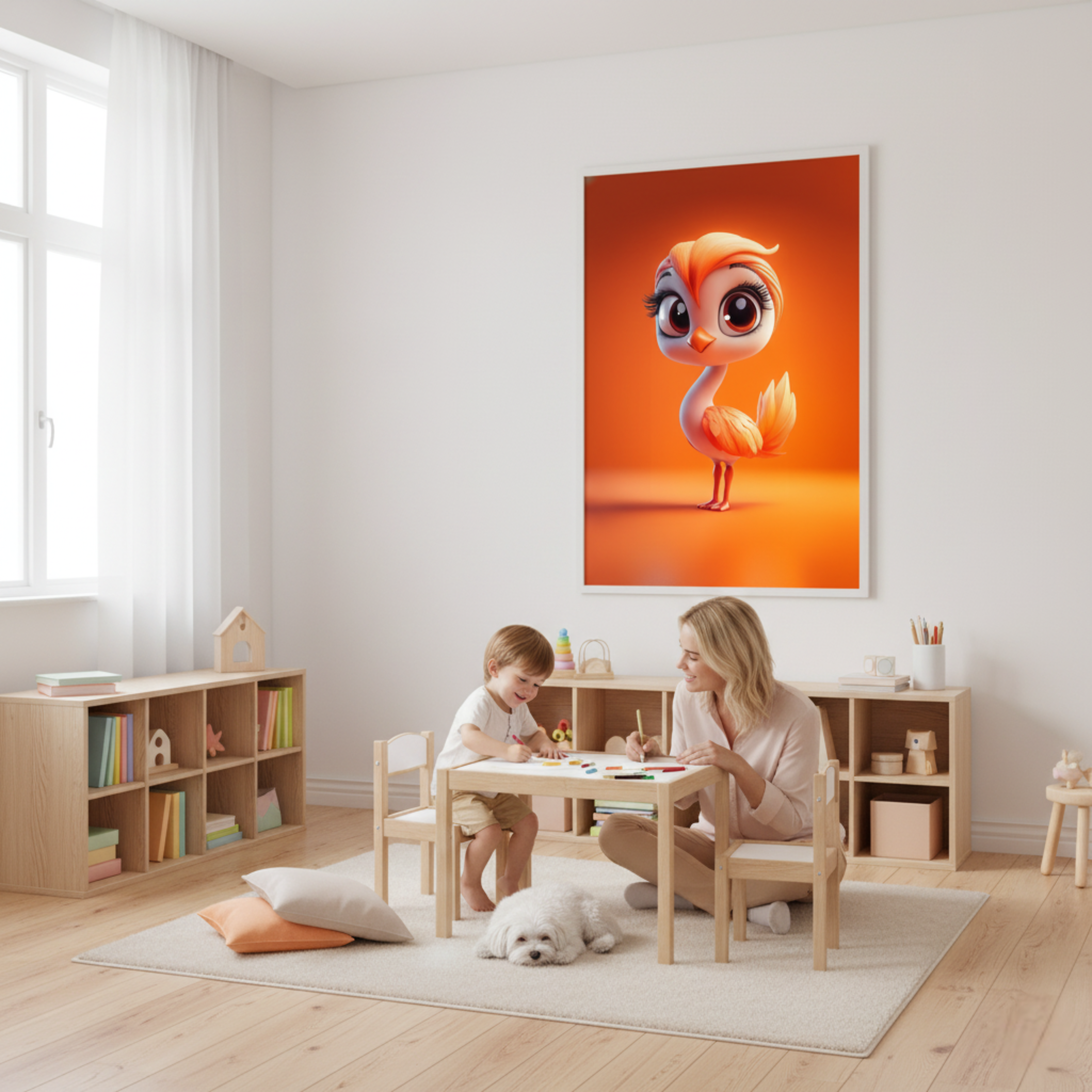 Ave Tropical en Tonos Coral inspirada en el Estilo Pixar – Lámina Infantil Moderna