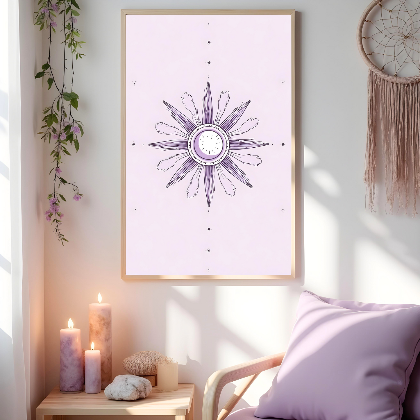 Flor Solar con Trazos Sutiles – Póster Bohemio para Ambientes Luminosos