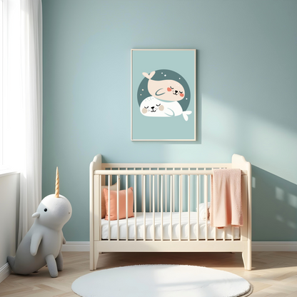 Mamíferos Marinos Abrazados en Estilo Minimalista – Cuadro Infantil con Foca y Cría