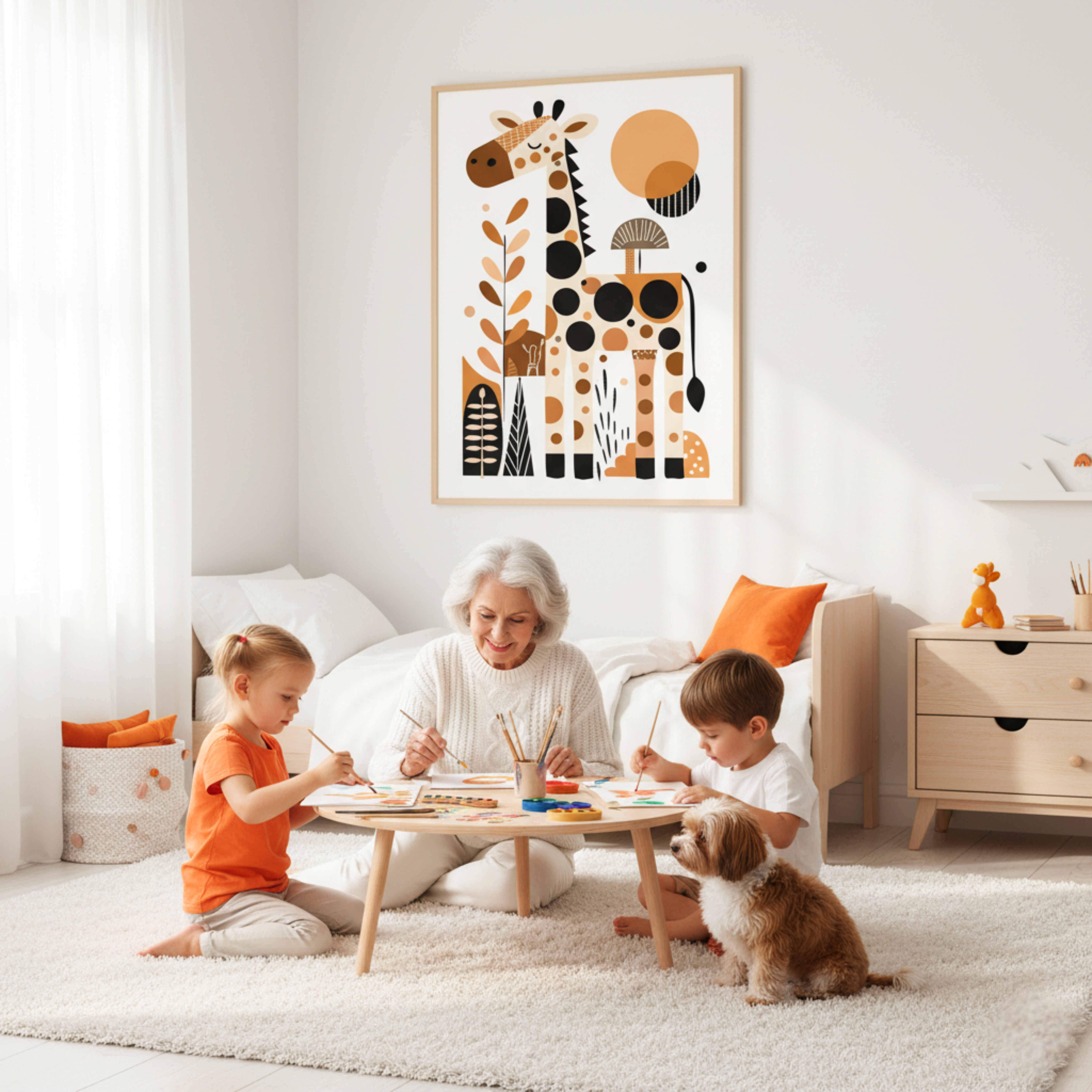 Jirafa Minimalista en Composición Geométrica – Cuadro Infantil con Animales Altos