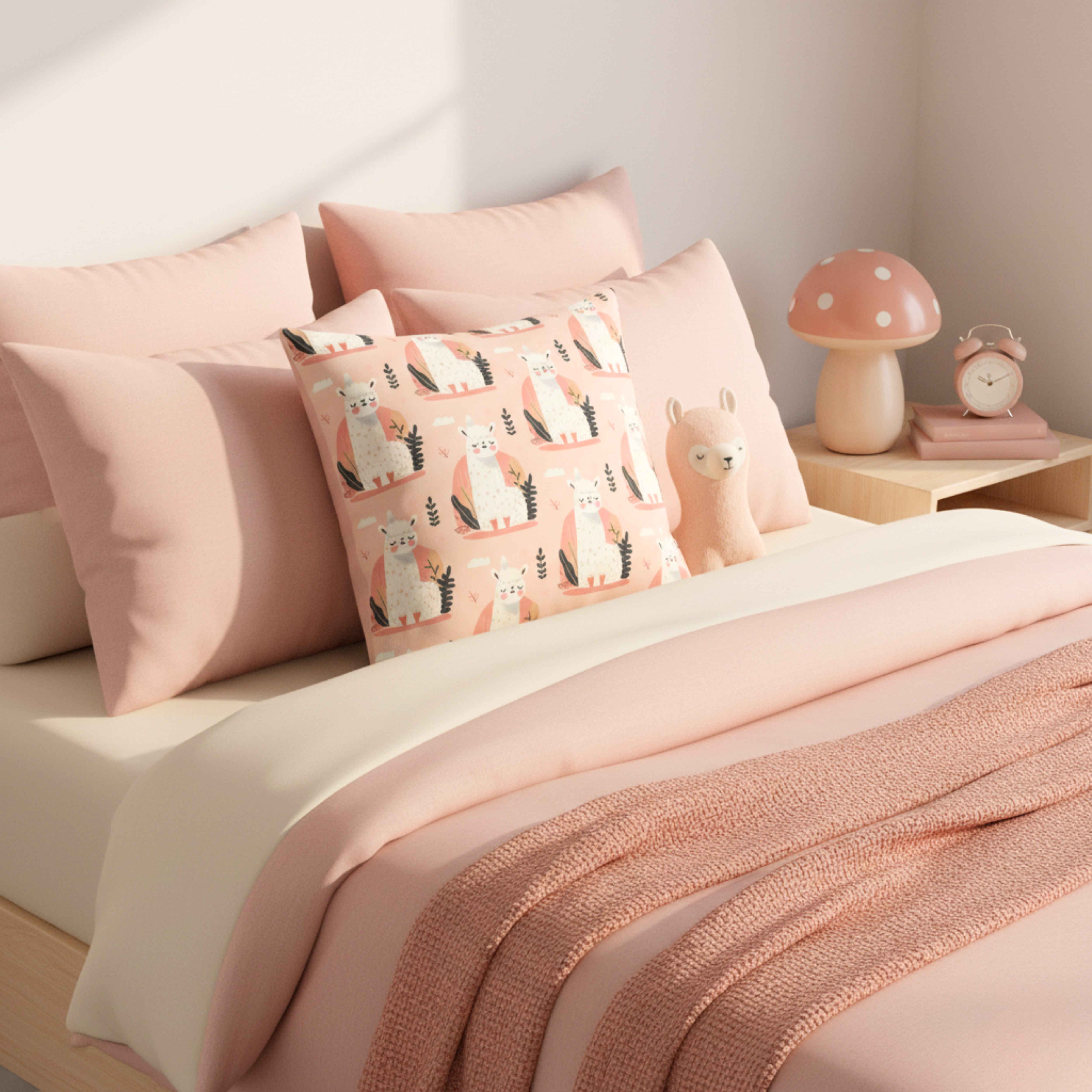Cojín Estampado Alpaca Minimalista en Fondo Suave – Decoración Infantil Moderna con Toques de Calidez