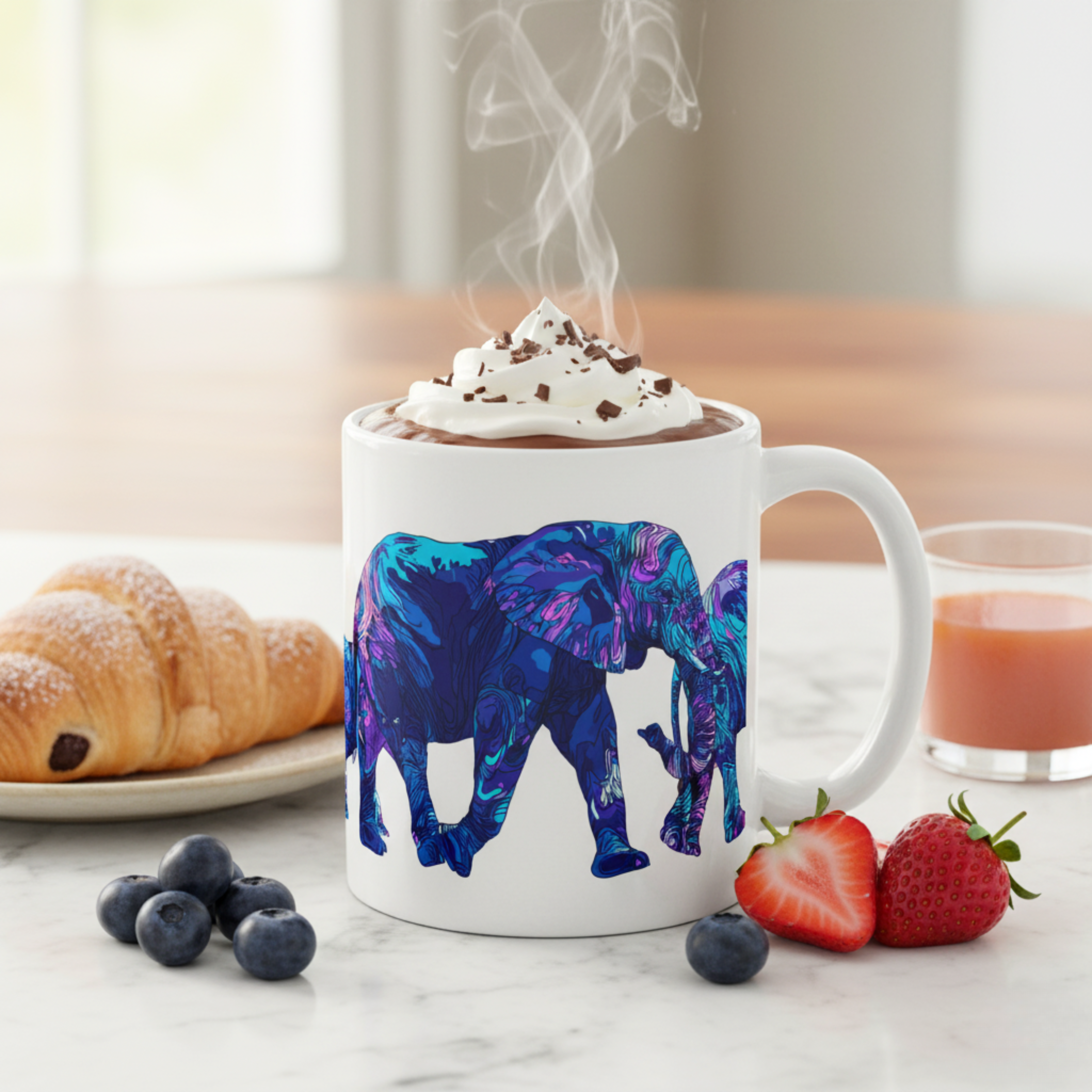 Manada de Elefantes Africanos en Estilo Abstracto – Arte Decorativo Azul y Violeta