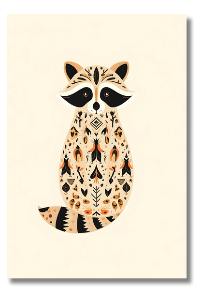 Mapache Boho Decorativo con Hojas Doradas – Arte Animal Étnico para Pared