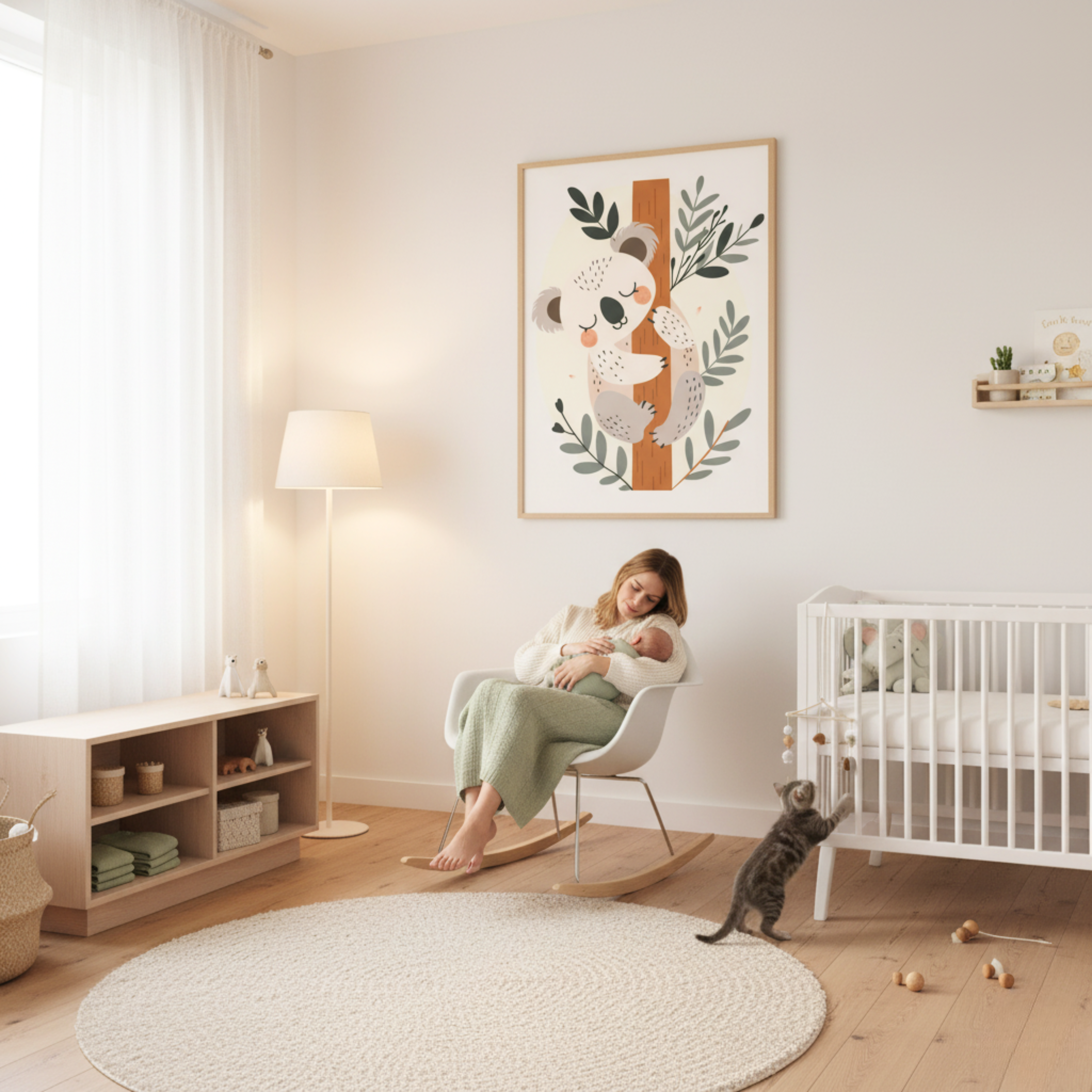 Koala Minimalista Abrazado a un Árbol – Cuadro Infantil en Tonos Suaves