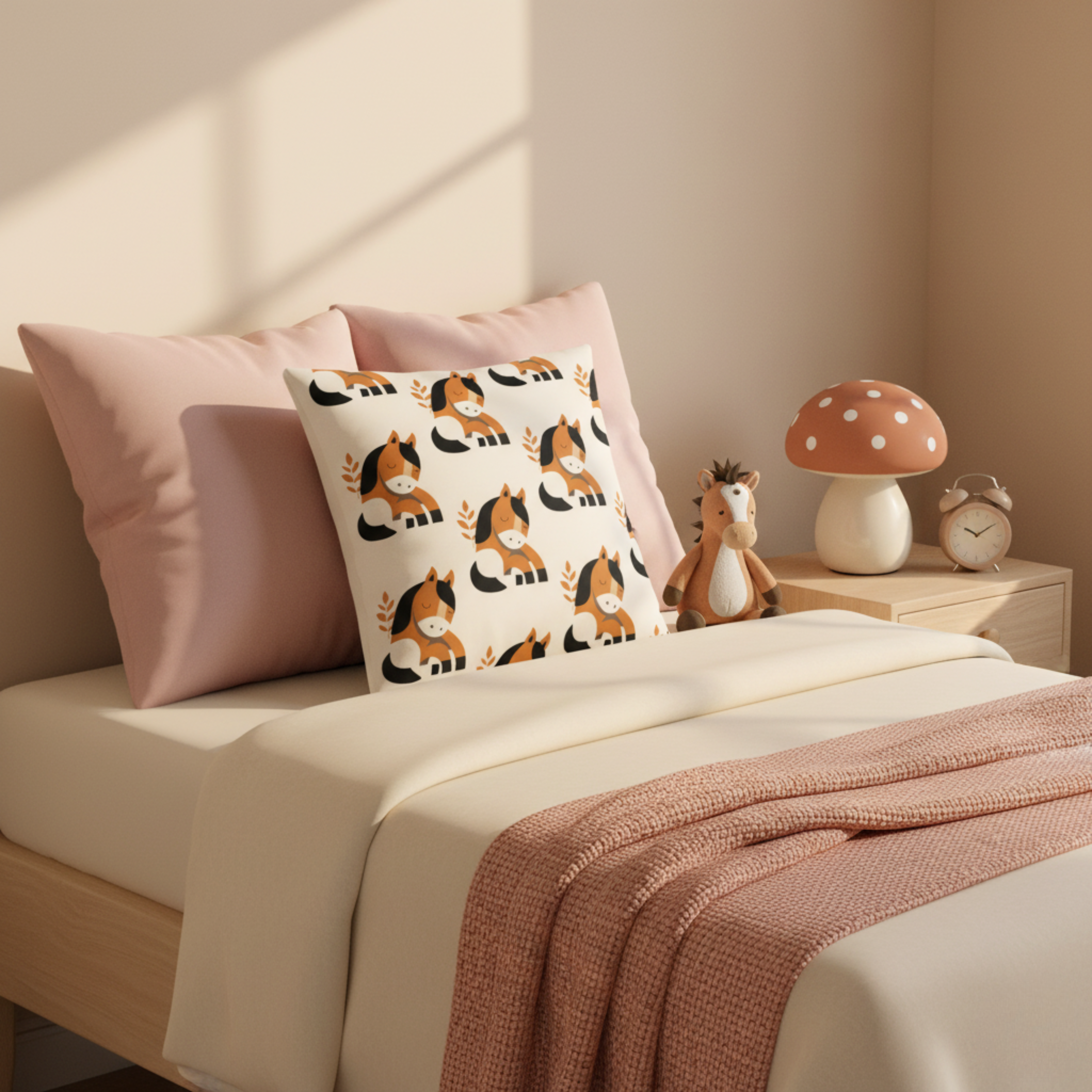 Cojín Estampado Caballo Bebé en Estilo Minimalista – Decoración Infantil Dulce con Toques de Ternura