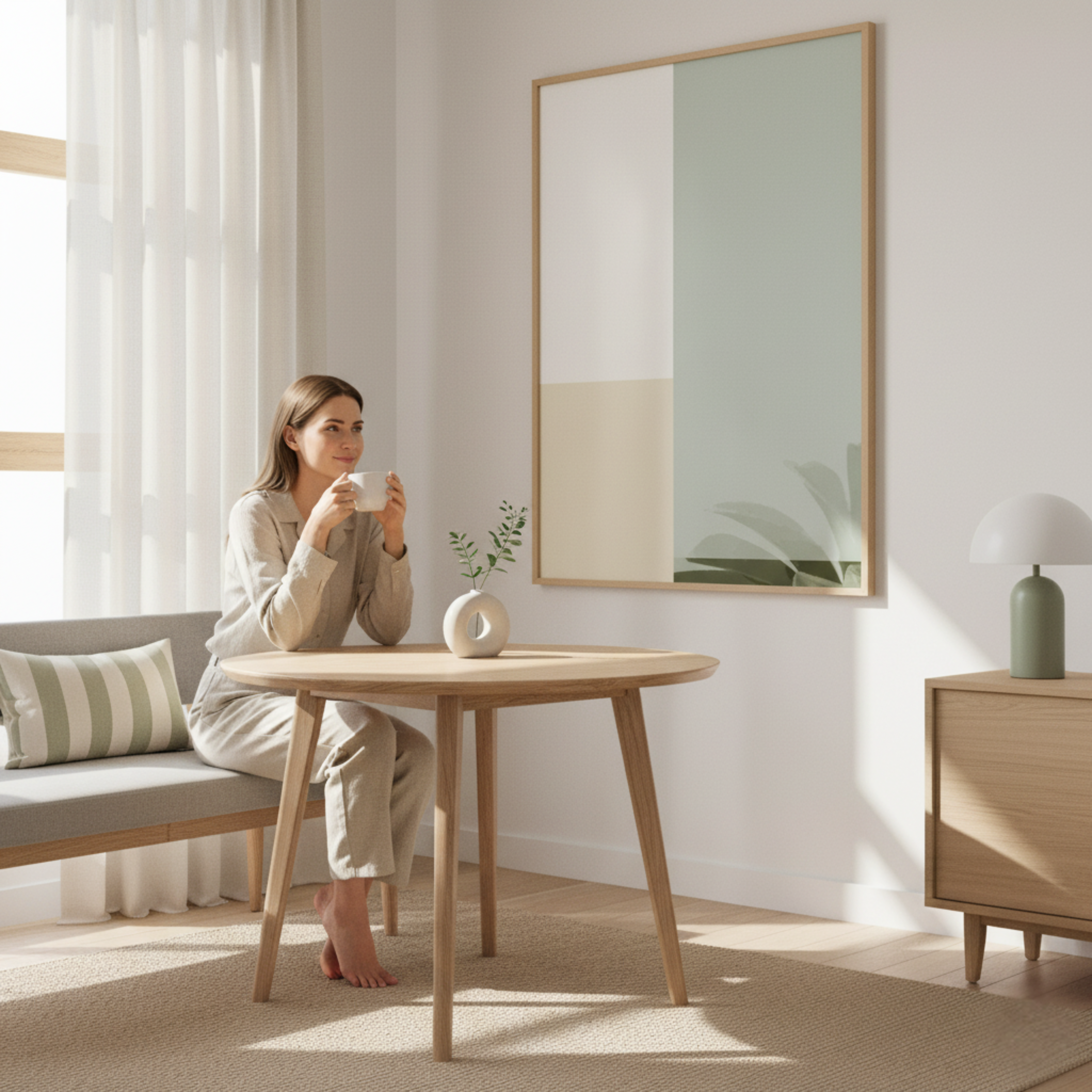 Formas Geométricas con Hojas en Tonos Suaves – Póster Minimalista Natural