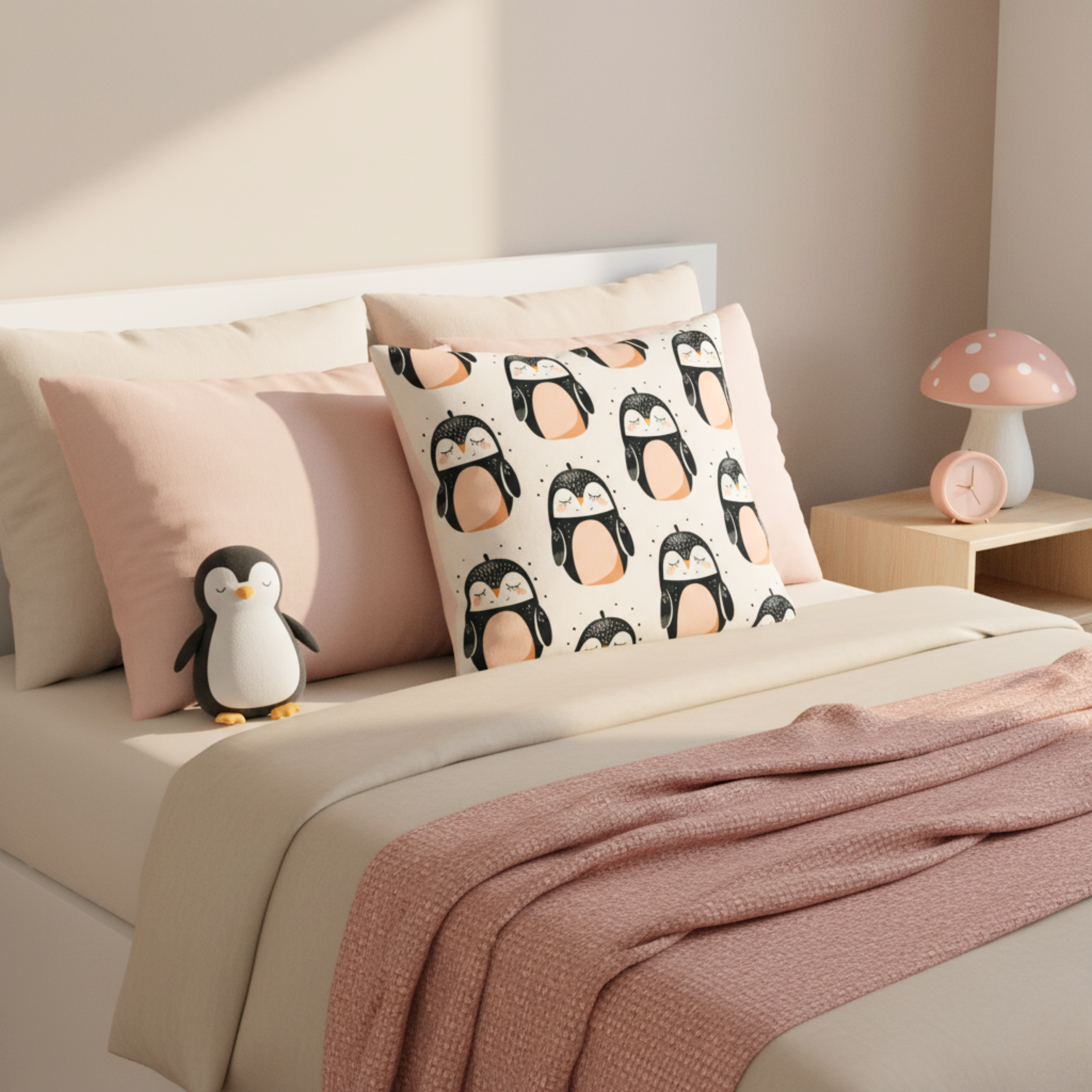Cojín Estampado Pingüino Bebé en Estilo Minimalista – Decoración Infantil Acogedora con Toques de Dulzura