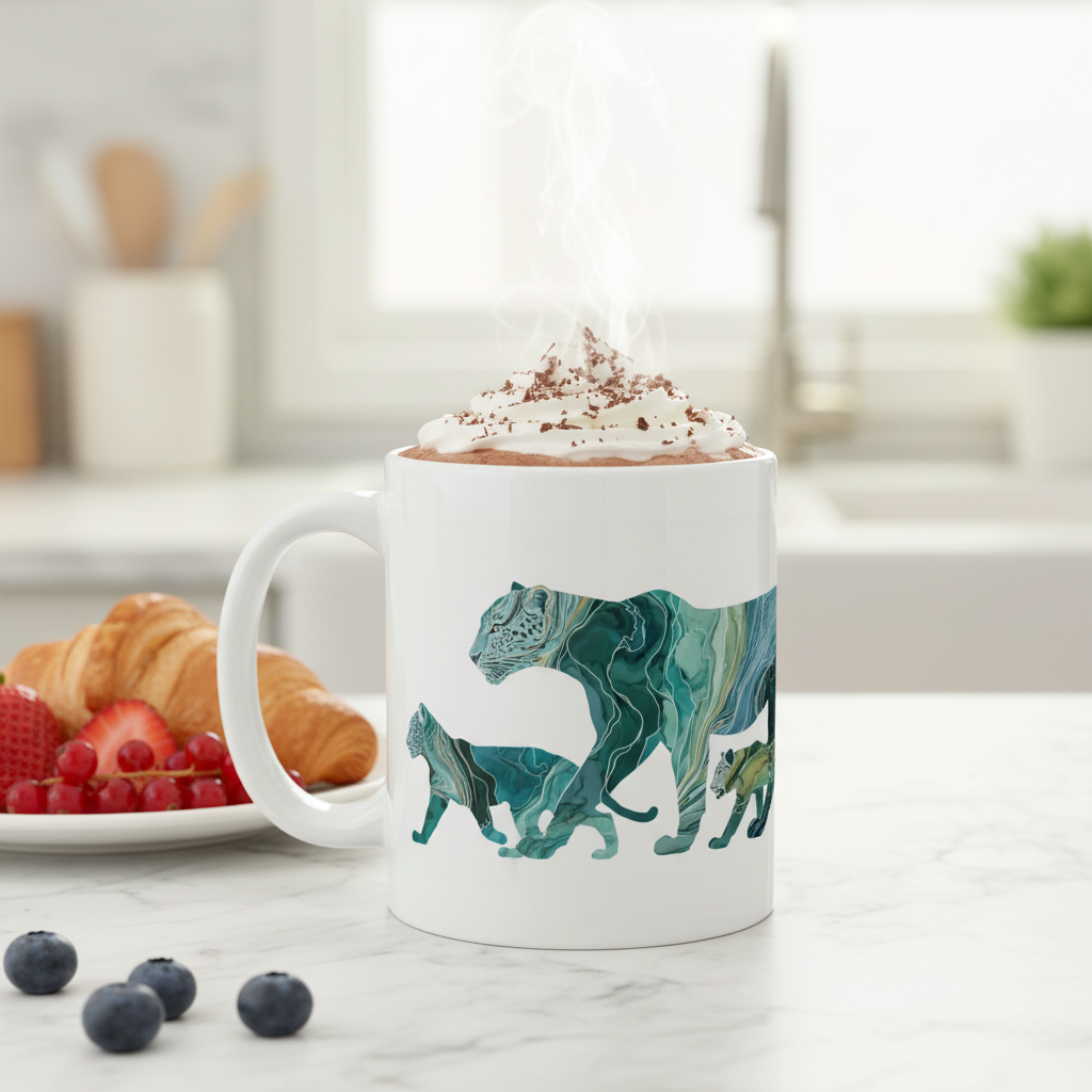 Familia de Leopardos en Arte Abstracto Fluido – Ilustración Moderna de Cuerpo Entero