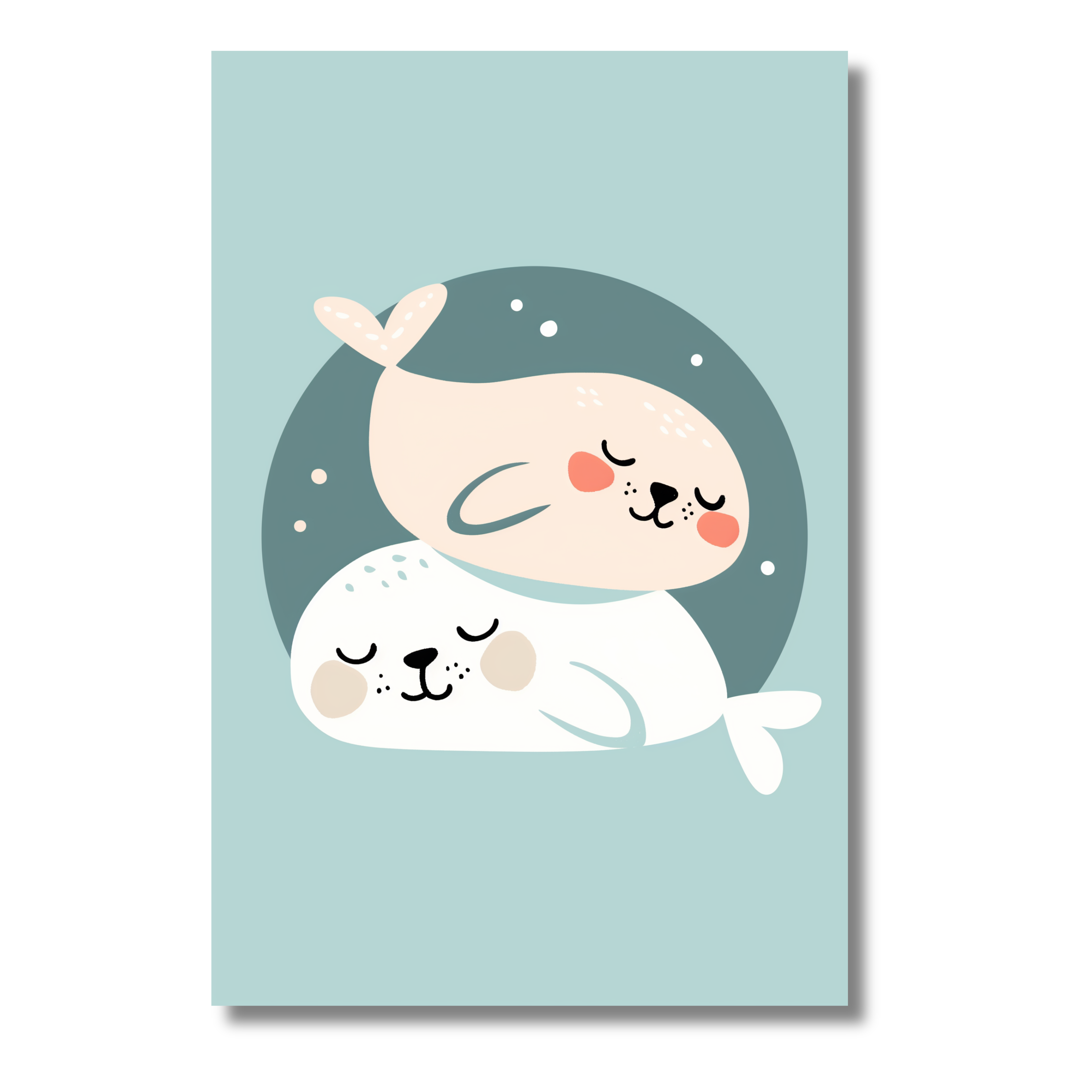 Mamíferos Marinos Abrazados en Estilo Minimalista – Cuadro Infantil con Foca y Cría